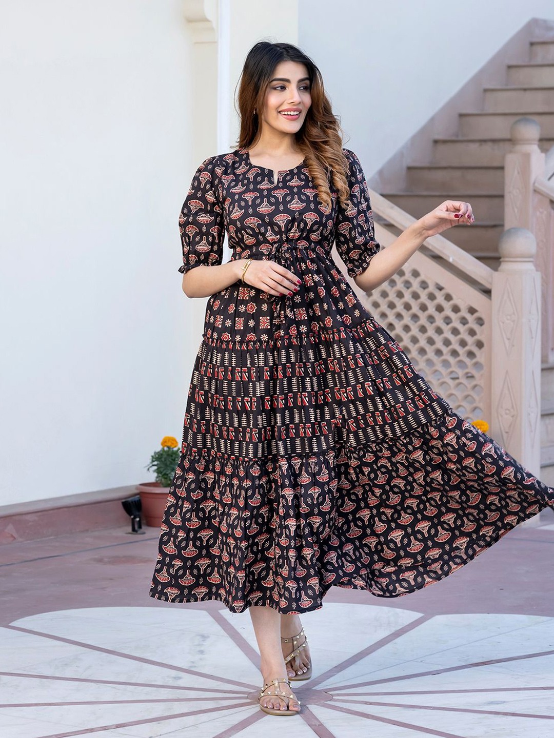 

CORSICA Ethnic Motifs Print Maxi Dress, Black