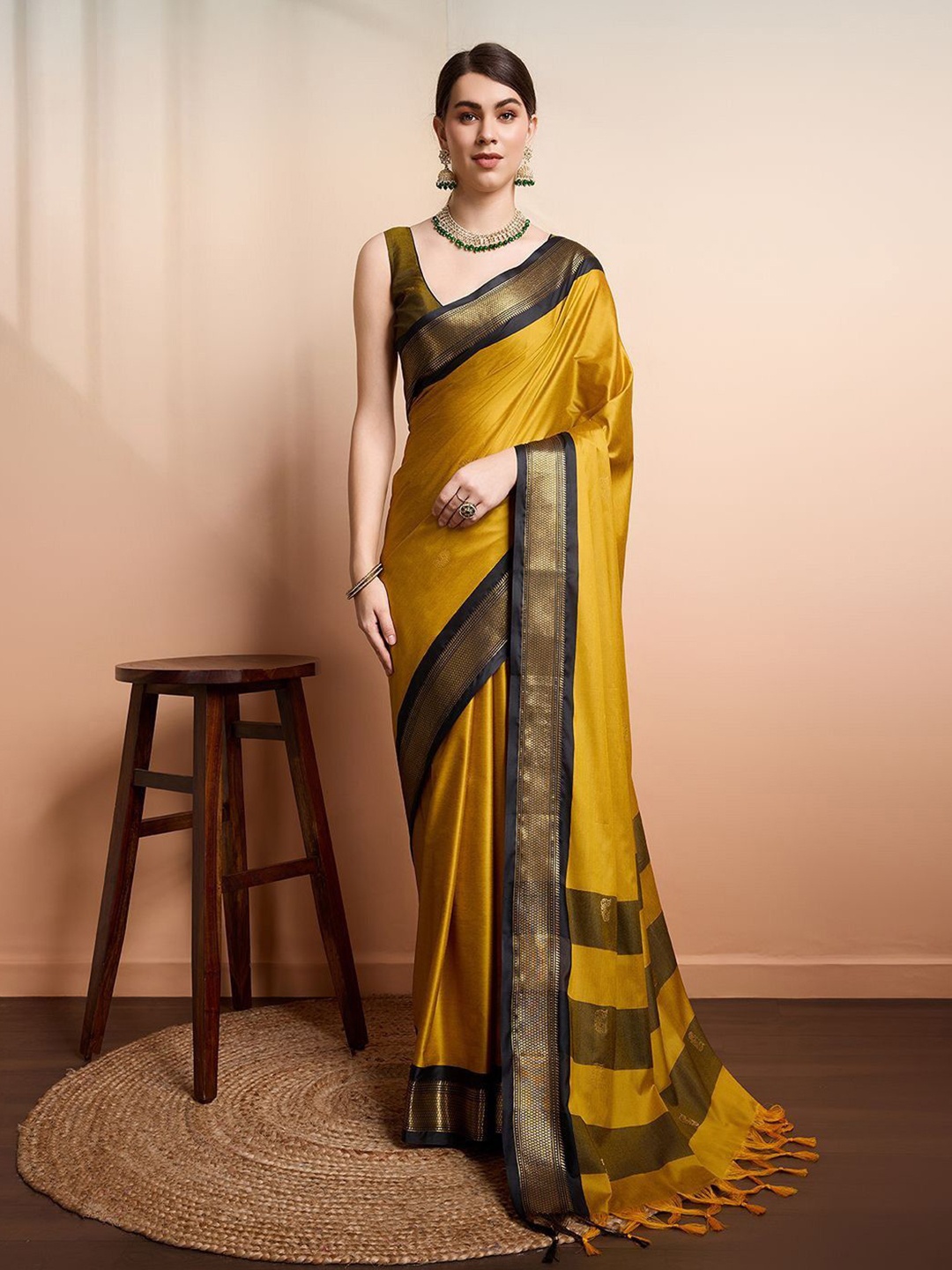 

yourwish Ethnic Motifs Zari Silk Cotton Kanjeevaram Saree, Mustard