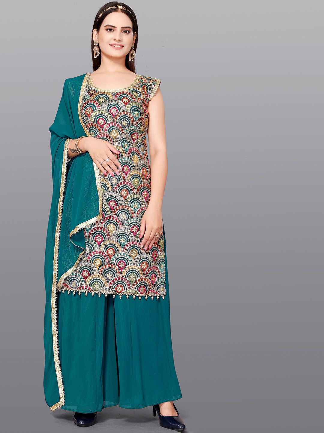 

Raave Floral Embroidered Silk Georgette Kurta With Sharara And Dupatta, Green