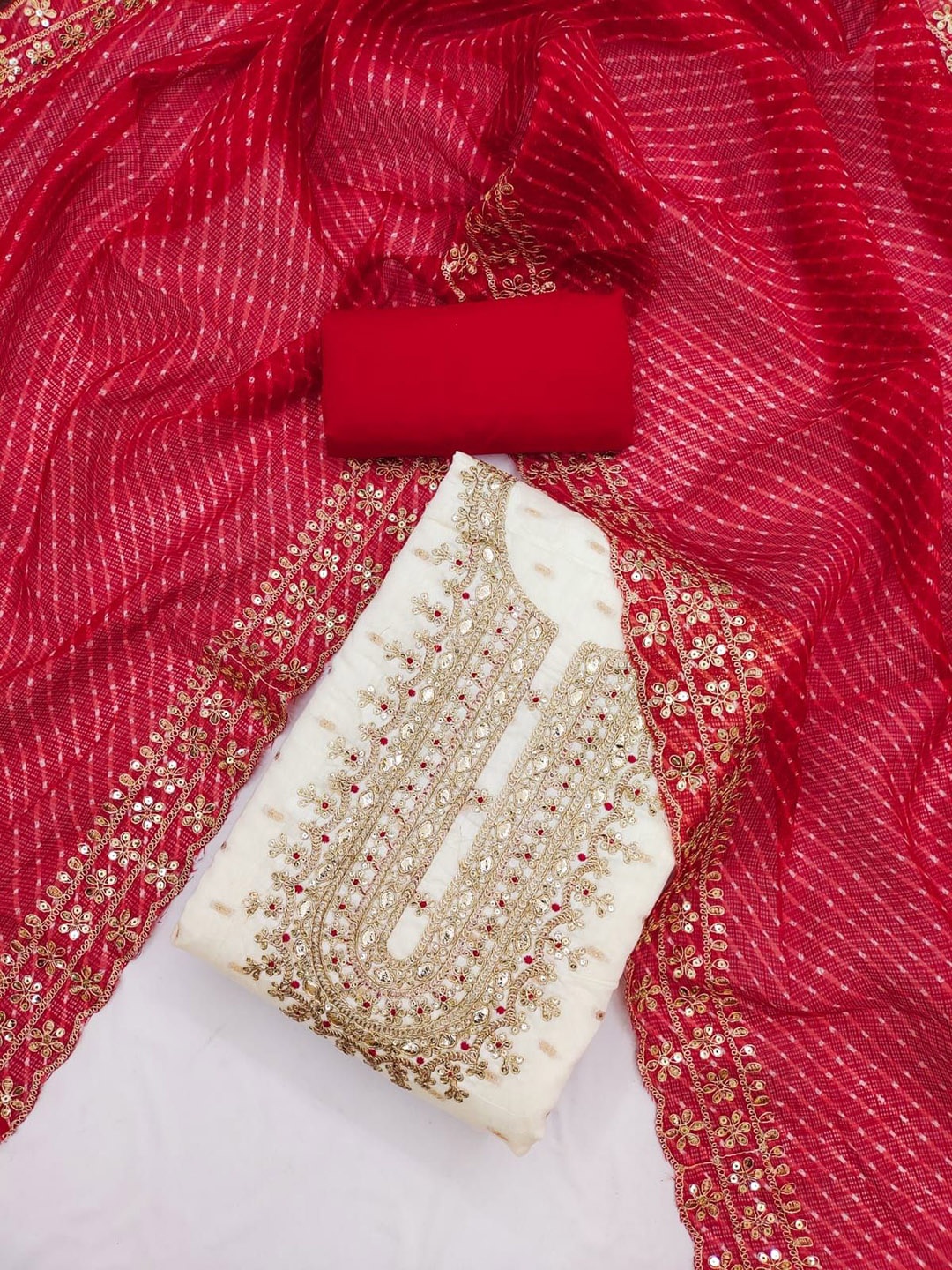 

SAINOOR Geometric Woven Design Zari Unstitched Dress Material, White