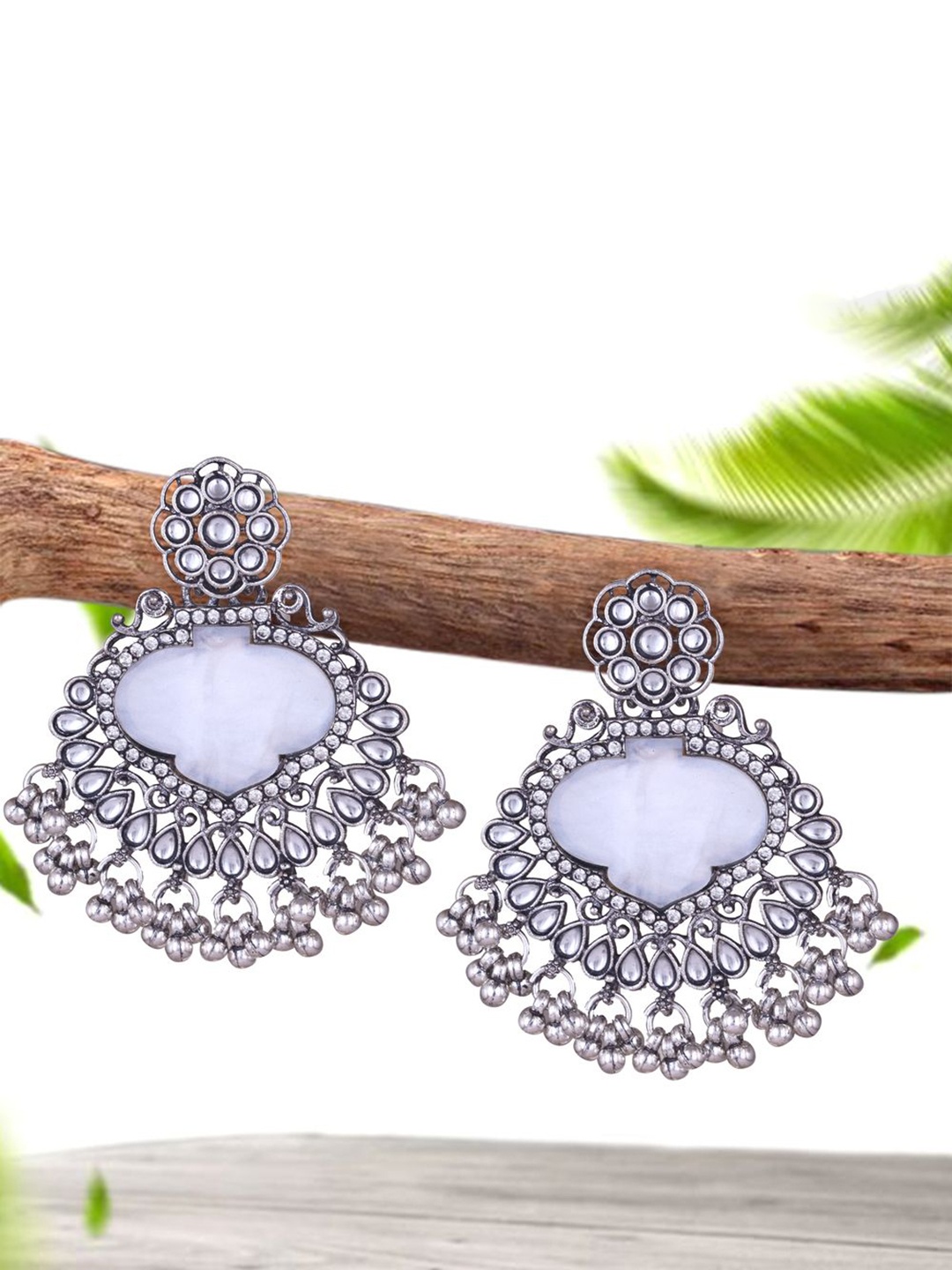 

MEENAZ Silver-Plated Oxidised Stone Studded & Beaded Contemporary Shaped Drop Earrings