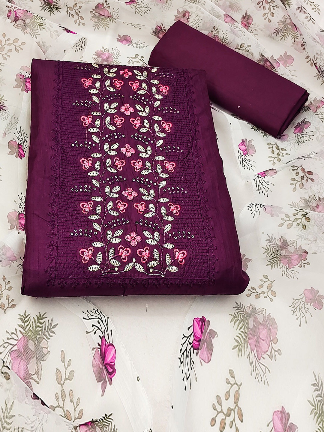 

SAINOOR Floral Embroidered Sequinned Pure Cotton Unstitched Dress Material, Magenta