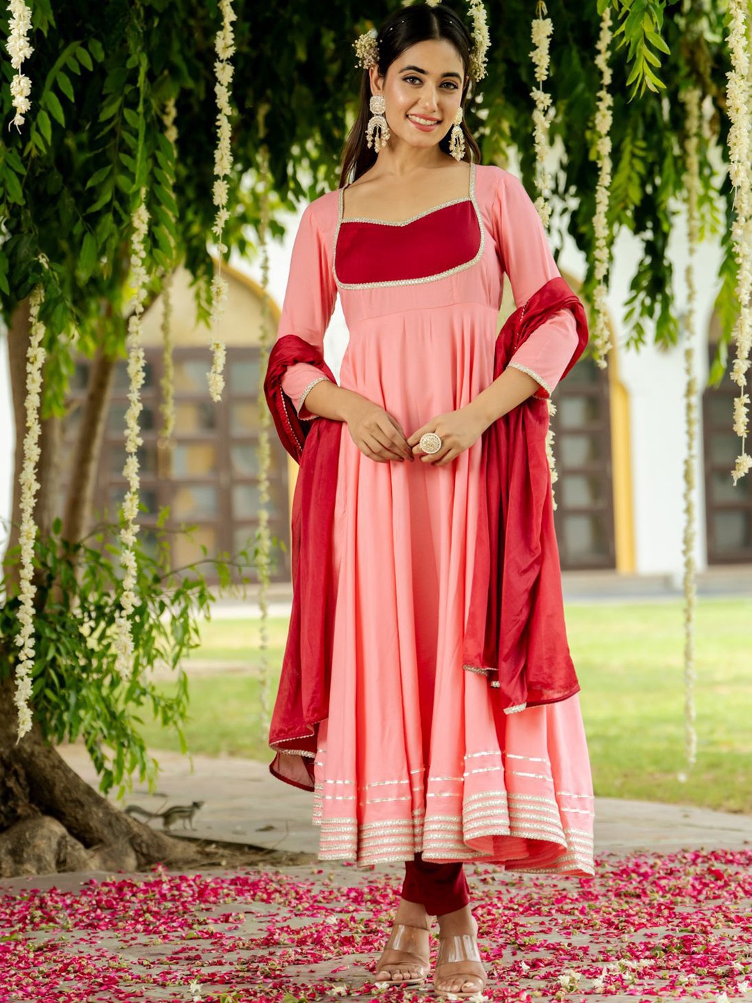 

GoSriKi Pleated Gotta Patti Sweetheart Neck Anarkali Kurta With Trousers & Dupatta, Peach