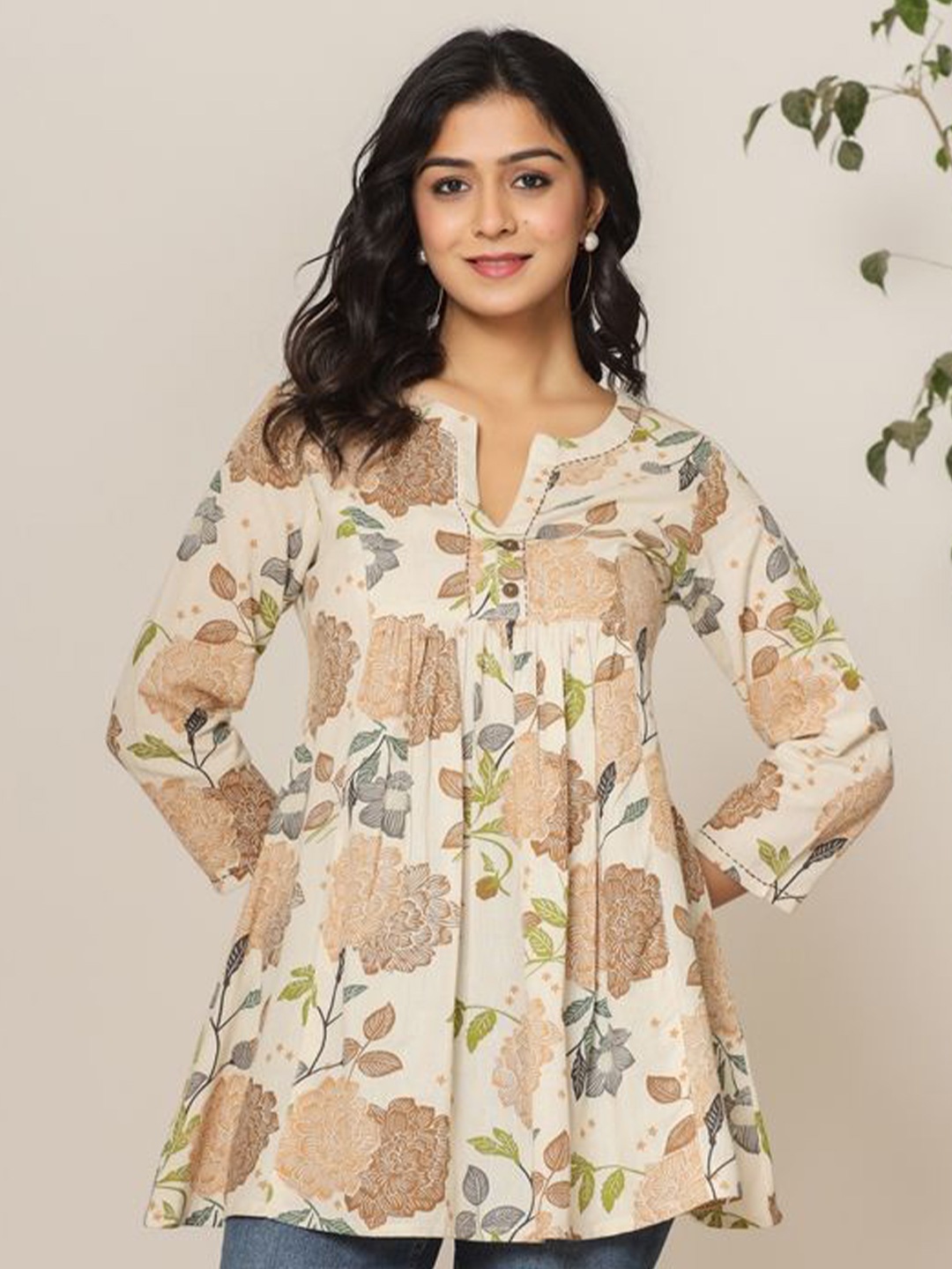 

Haute and Humble Floral Print Mandarin Collar Cotton Peplum Top, Coffee brown