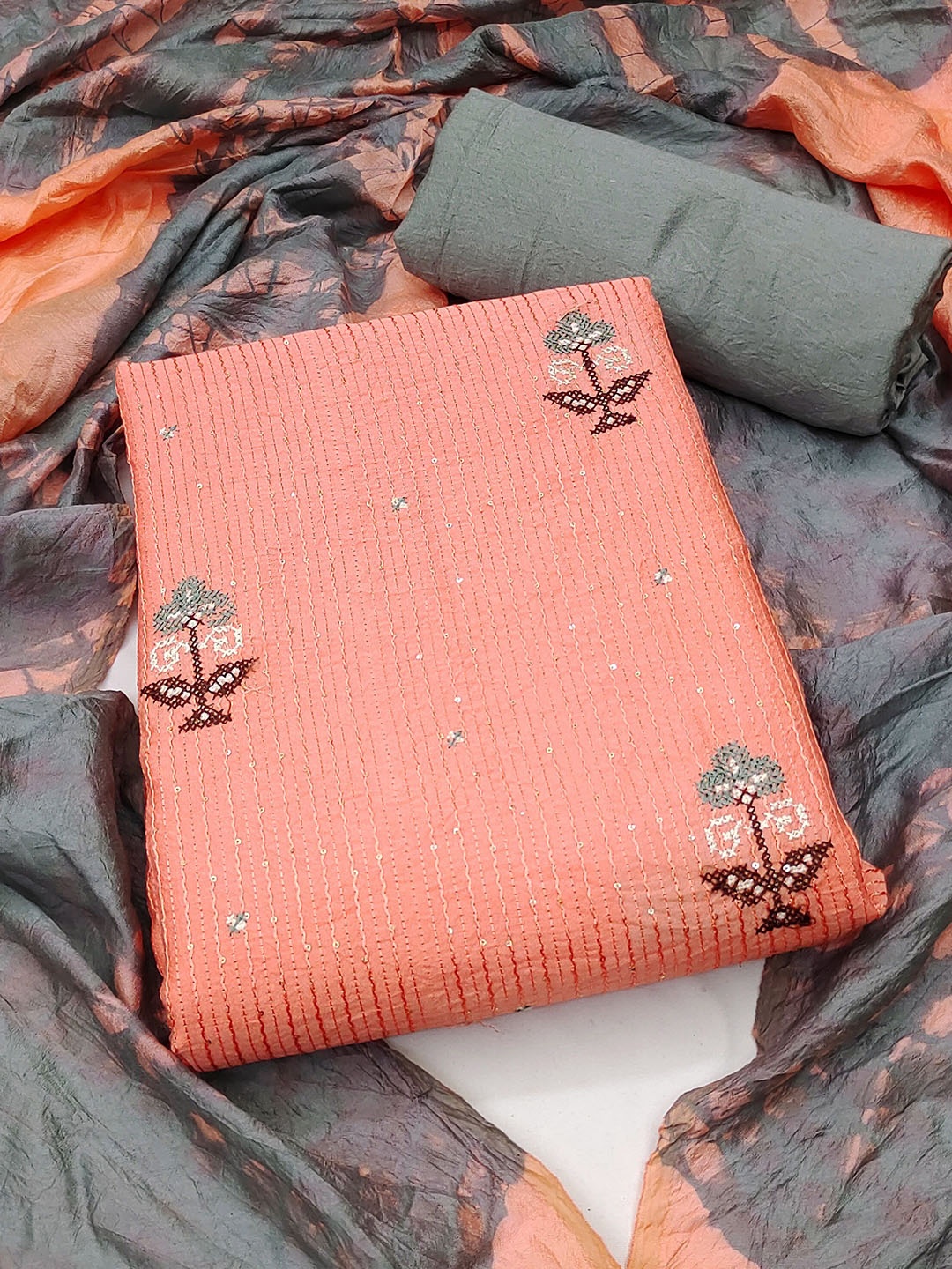 

SAINOOR Floral Embroidered Pure Cotton Unstitched Dress Material, Peach