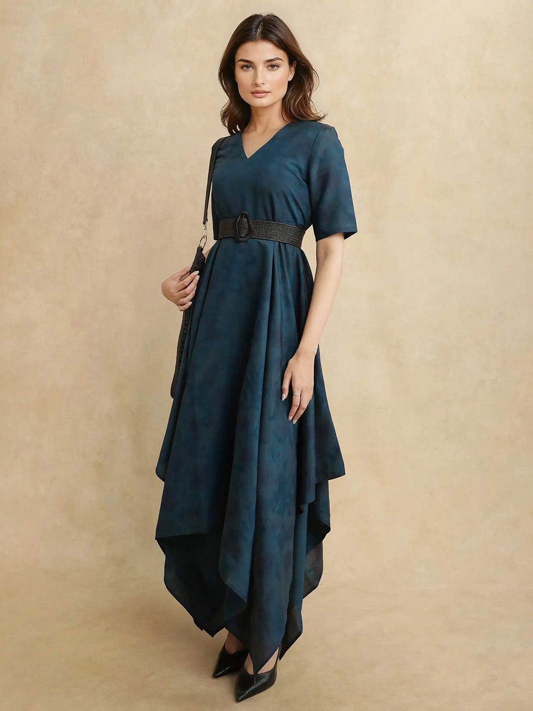 

RAREISM Women Printed V-Neck Fit & Flare Maxi Dress, Blue