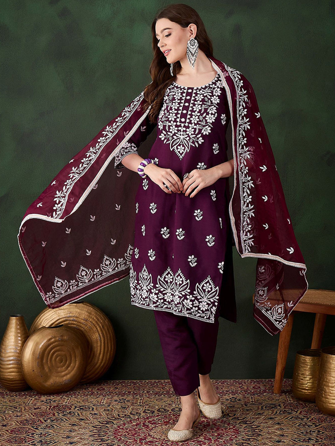 

Maroosh Floral Embroidered Round Neck Thread Work Straight Kurta With Trouser & Dupatta, Purple