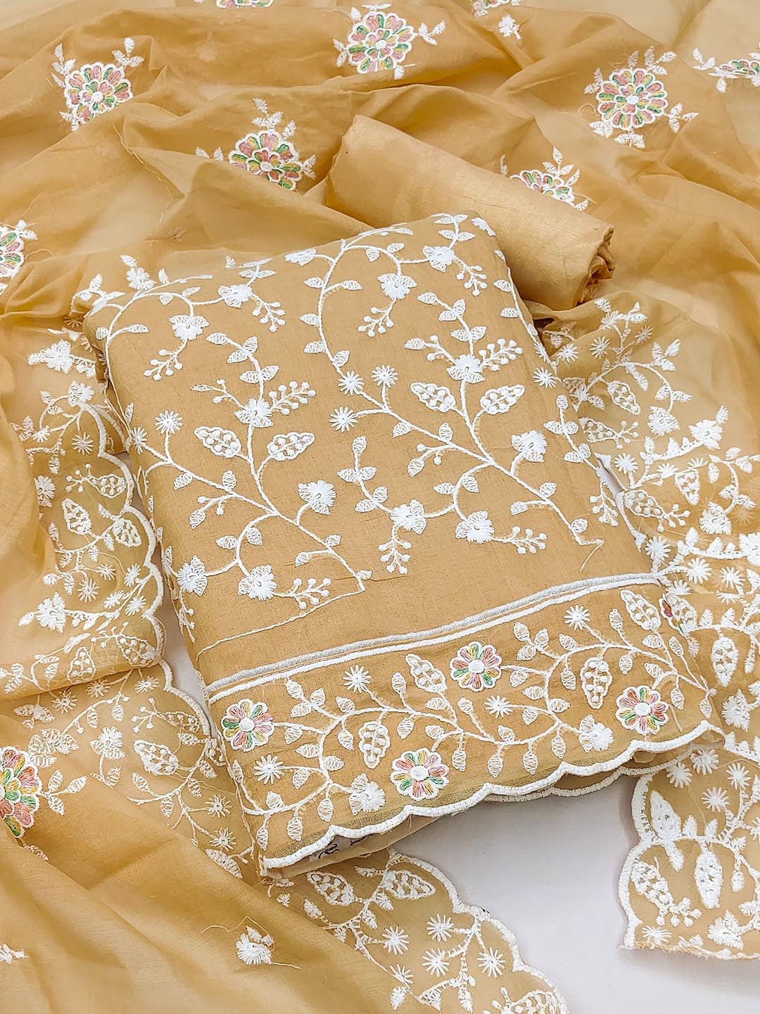 

SAINOOR Floral Embroidered Chanderi Cotton Unstitched Dress Material, Beige