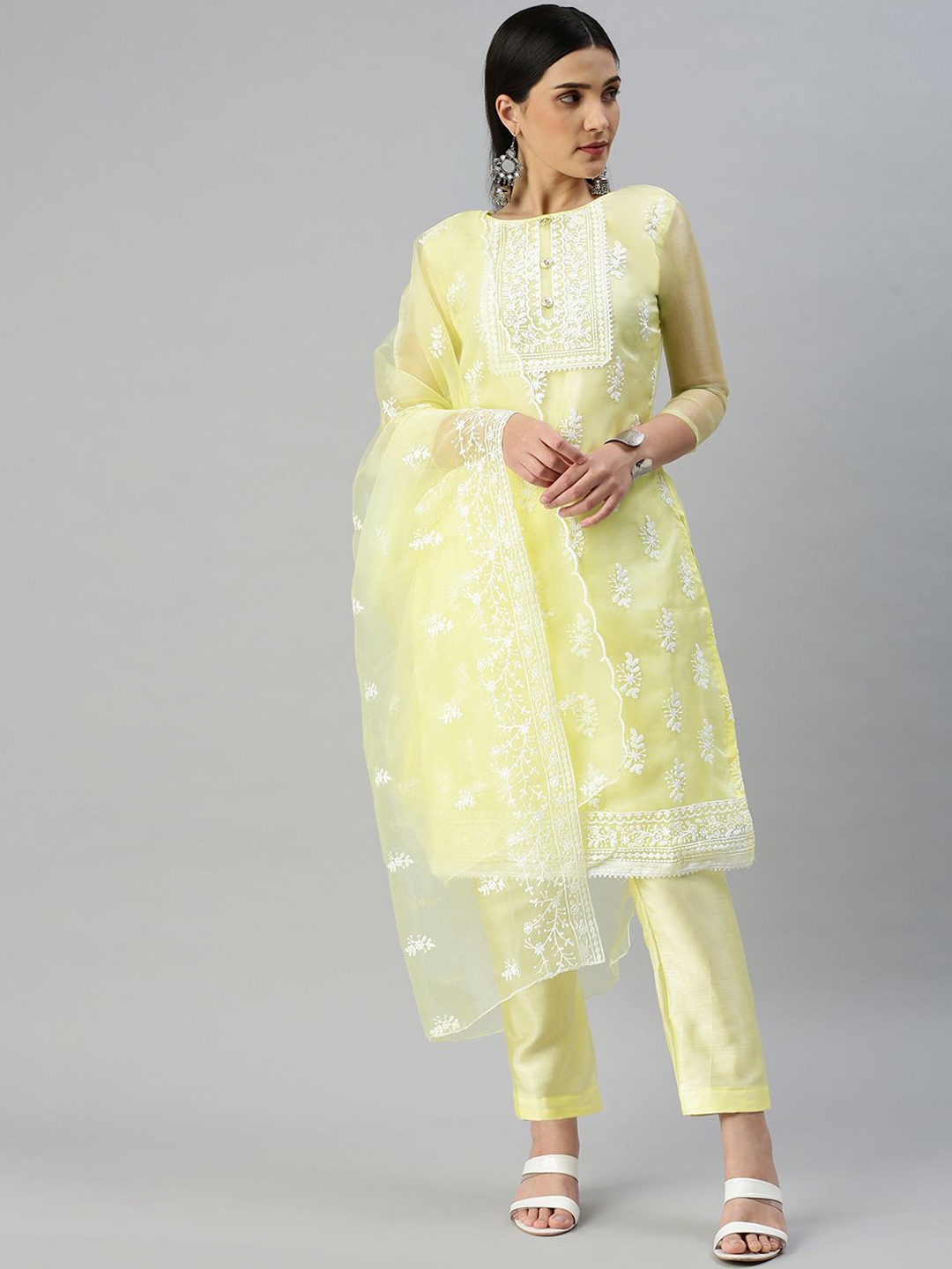 

SAINOOR Floral Embroidered Organza Untitched Dress Material, Yellow