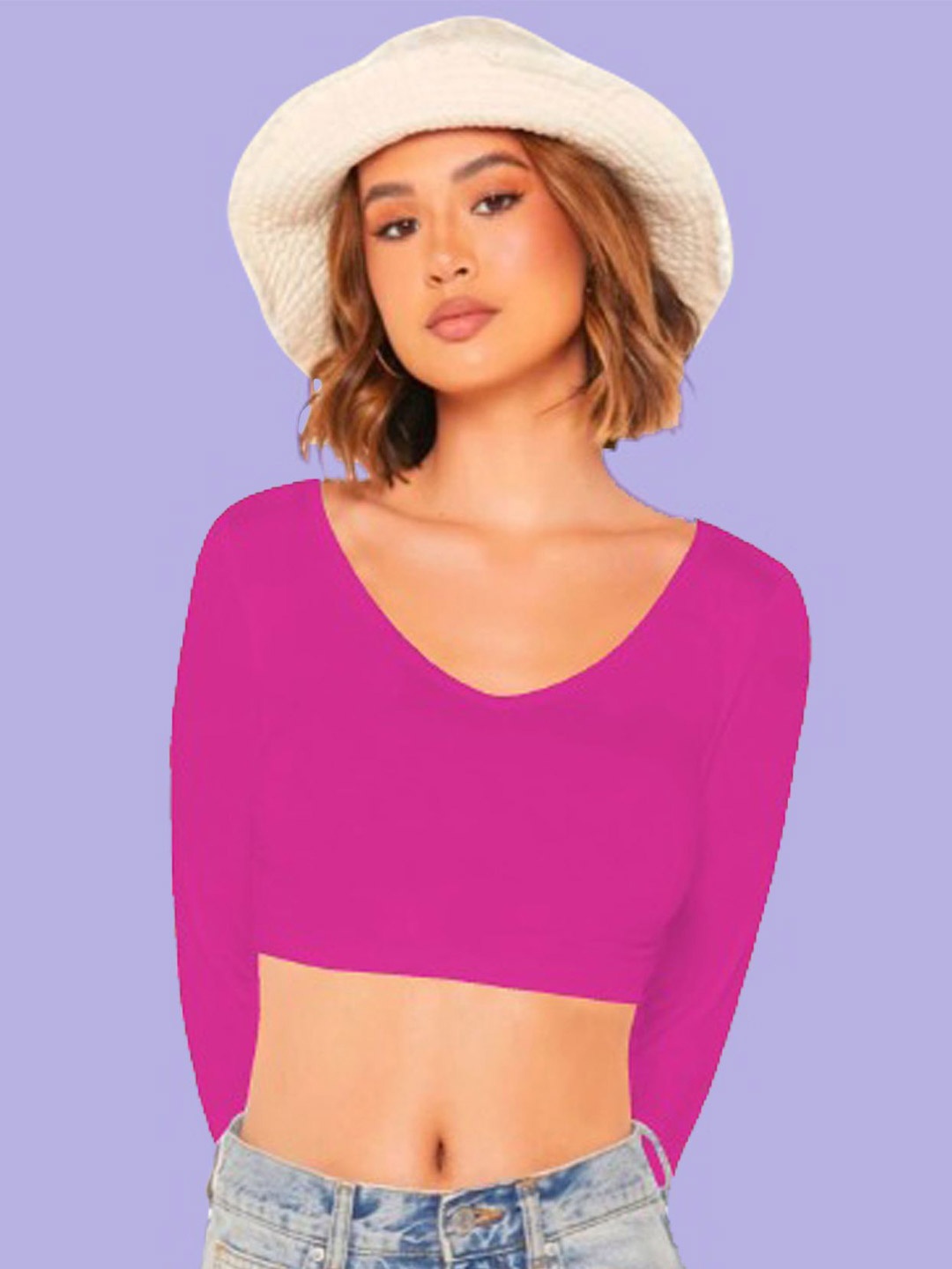 

Dream Beauty Fashion Women V-Neck Long Sleeves Fitted Crop Top, Pink