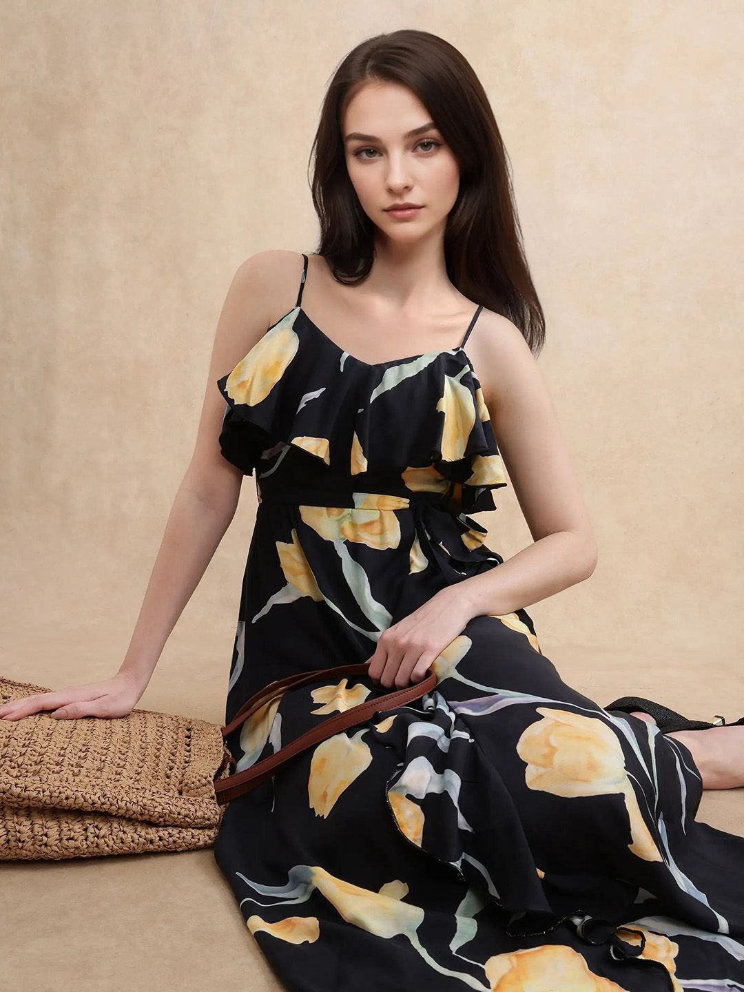 

RAREISM Floral Print Fit & Flare Midi Dress, Black