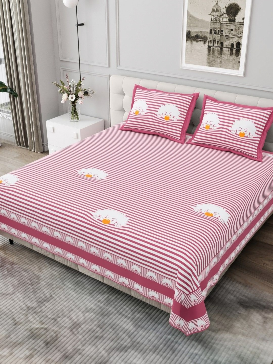 

JAIPUR FABRIC Pink & White Striped Cotton 254 TC King Bedsheet Set 2.74m x 2.28m