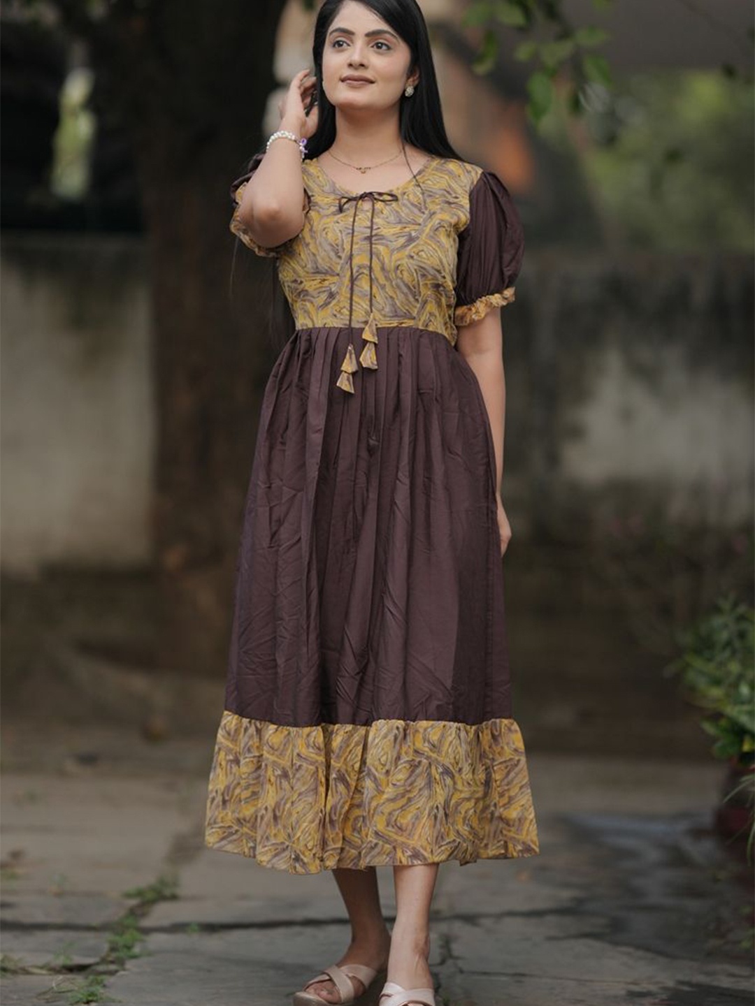 

KALINI Print Puff Sleeve Fit & Flare Midi Dress, Coffee brown