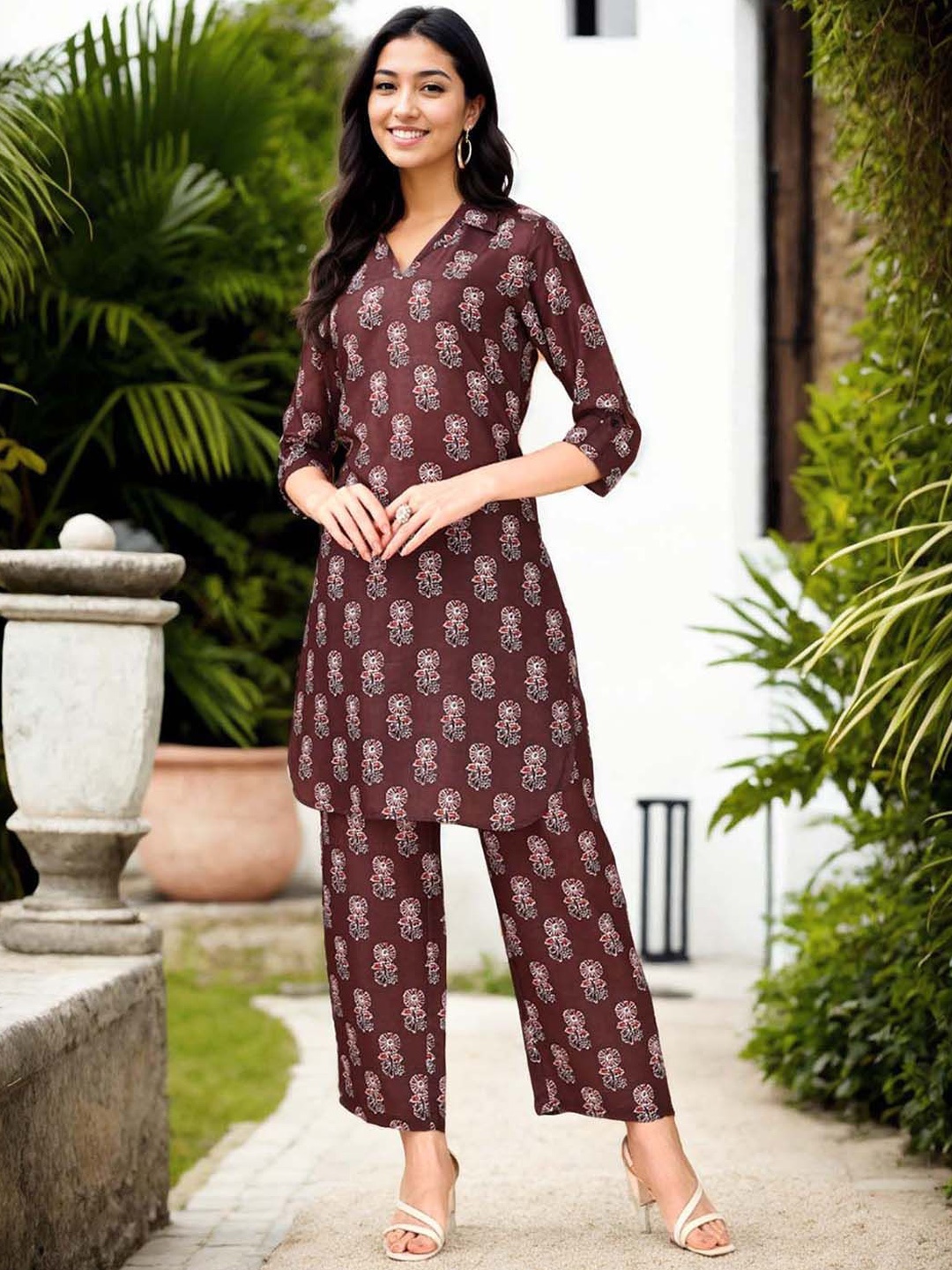 

Anouk Floral Printed Shirt Collar Tunic And Palazzo, Coffee brown