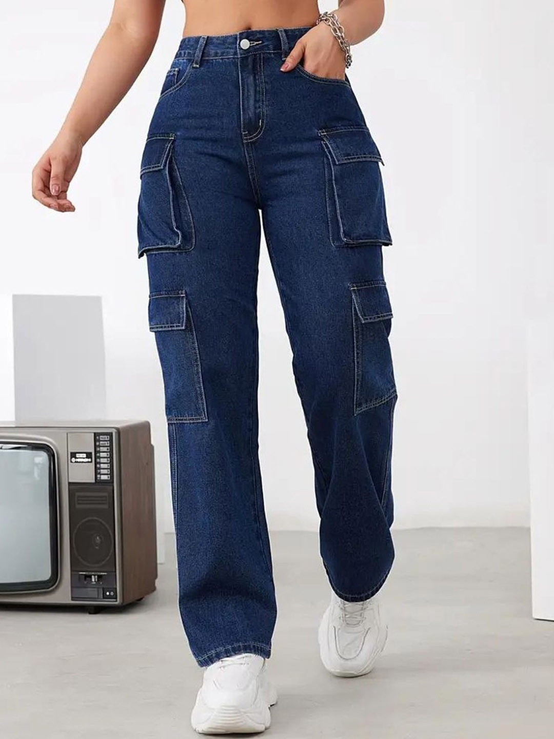 

DressBerry Women Comfort Wide Leg High-Rise Light Fade Acid Wash Stretchable Jeans, Navy blue