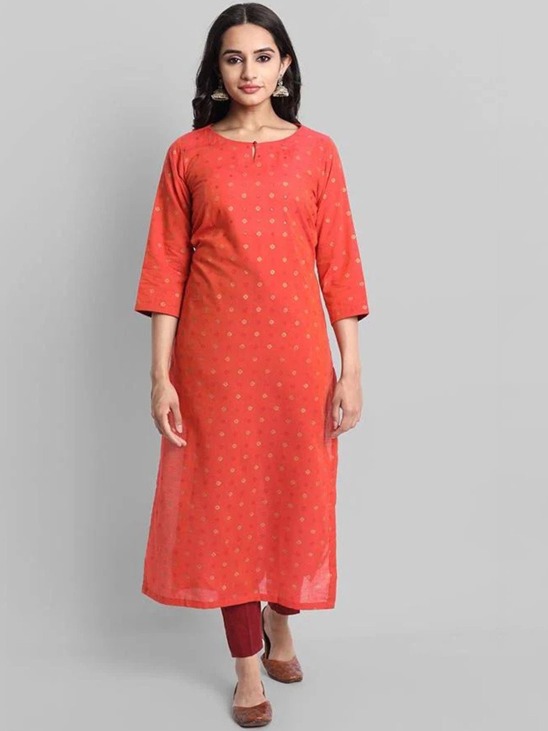 

Mera Rang Geometric Woven Design Sequins Cotton Straight Kurta, Red