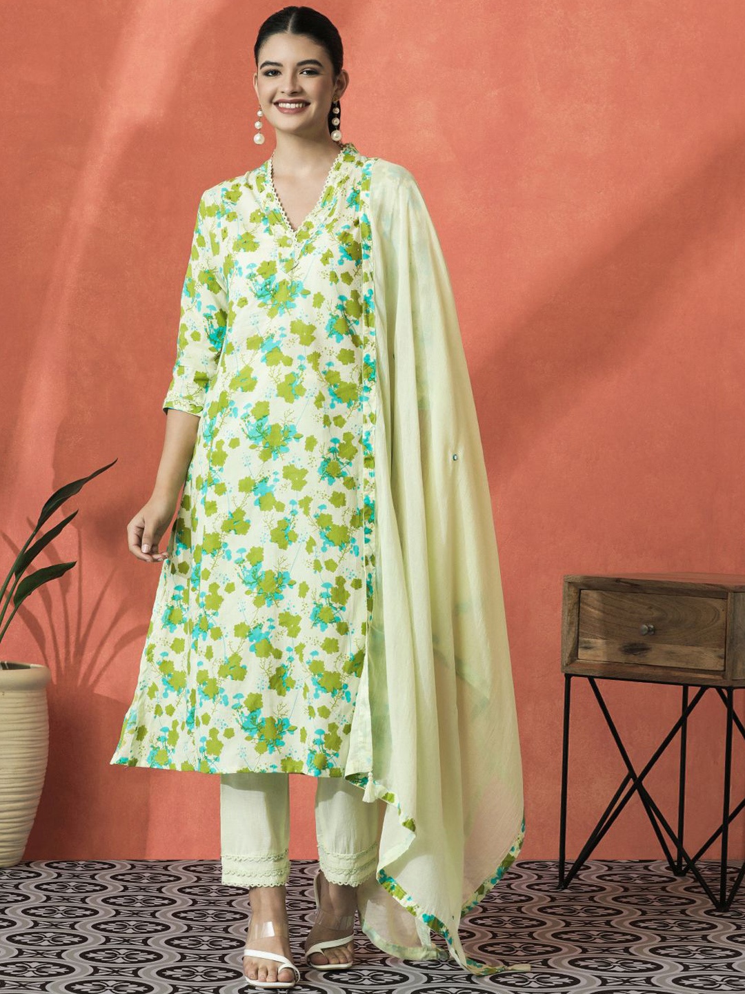 

Sangria Floral Printed V-Neck Beaded Pure Cotton Straight Kurta With Trouser And Dupatta, Off white