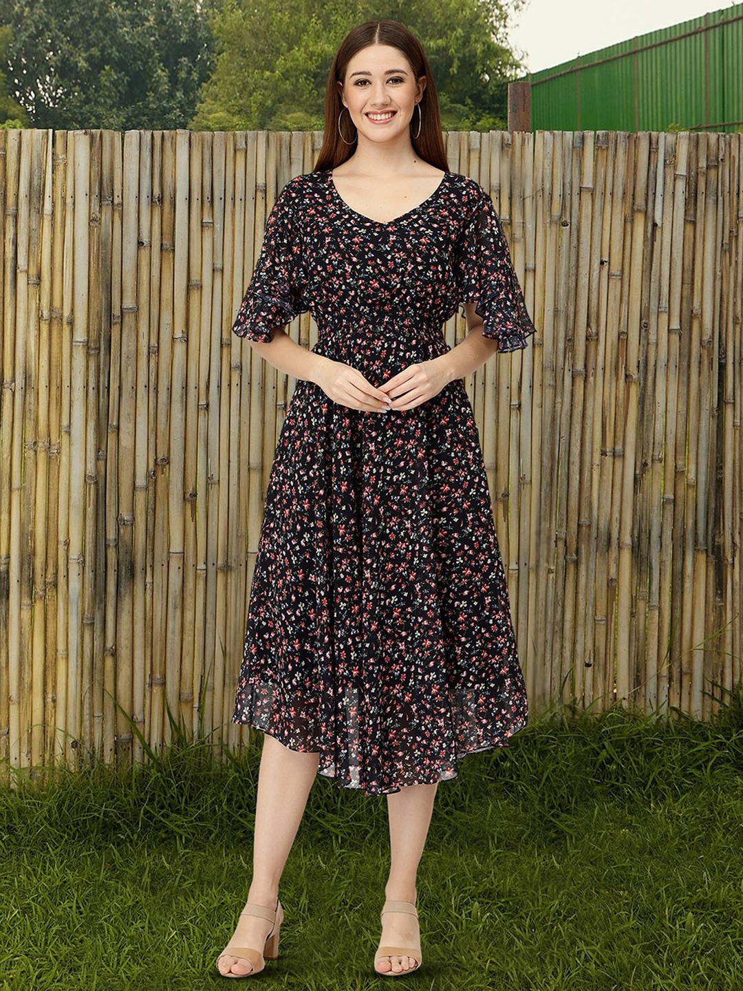 

Moda Rapido Floral Print Applique Fit & Flare Dress, Black
