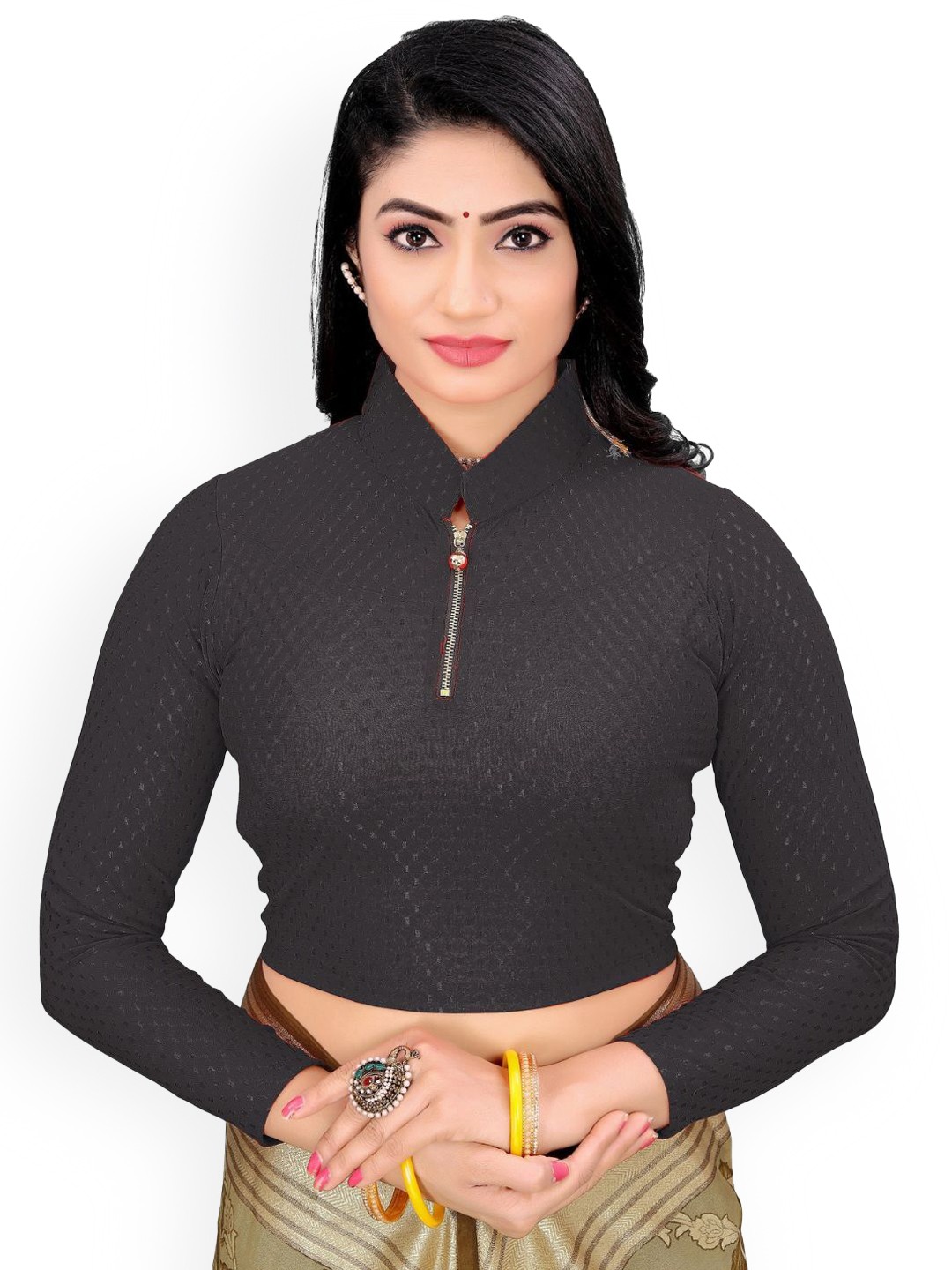 

SS Sanket Synthetics Textured Dobby Zipper Full Sleeved Saree Blouse, Black
