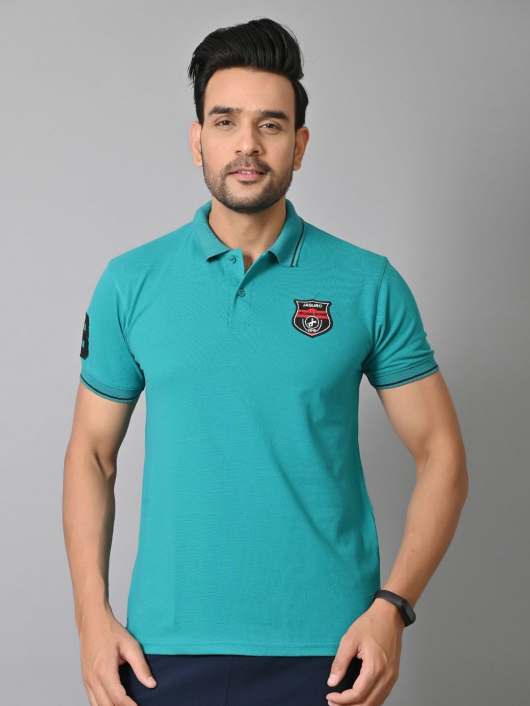 

JAGURO Men Polo Collar Applique T-shirt, Green