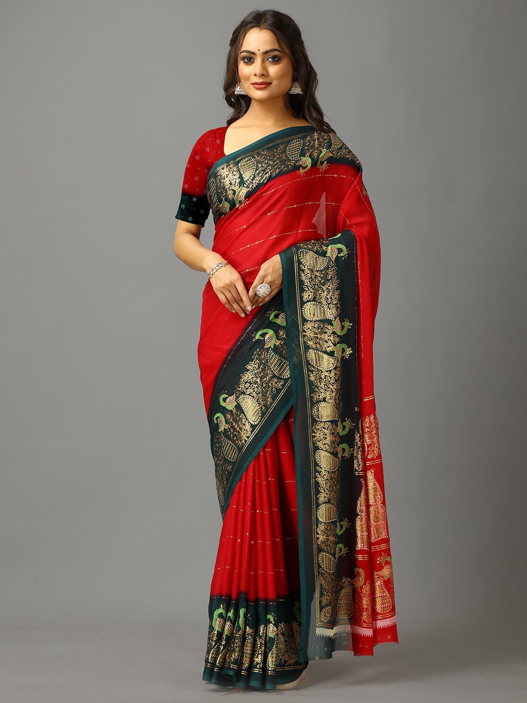 

NIRMAL CREATION Striped Pure Crepe Saree, Maroon