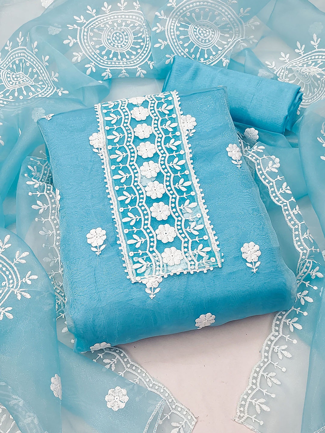 

SAINOOR Floral Embroidered Organza Semi-Stitched Dress Material, Sea green