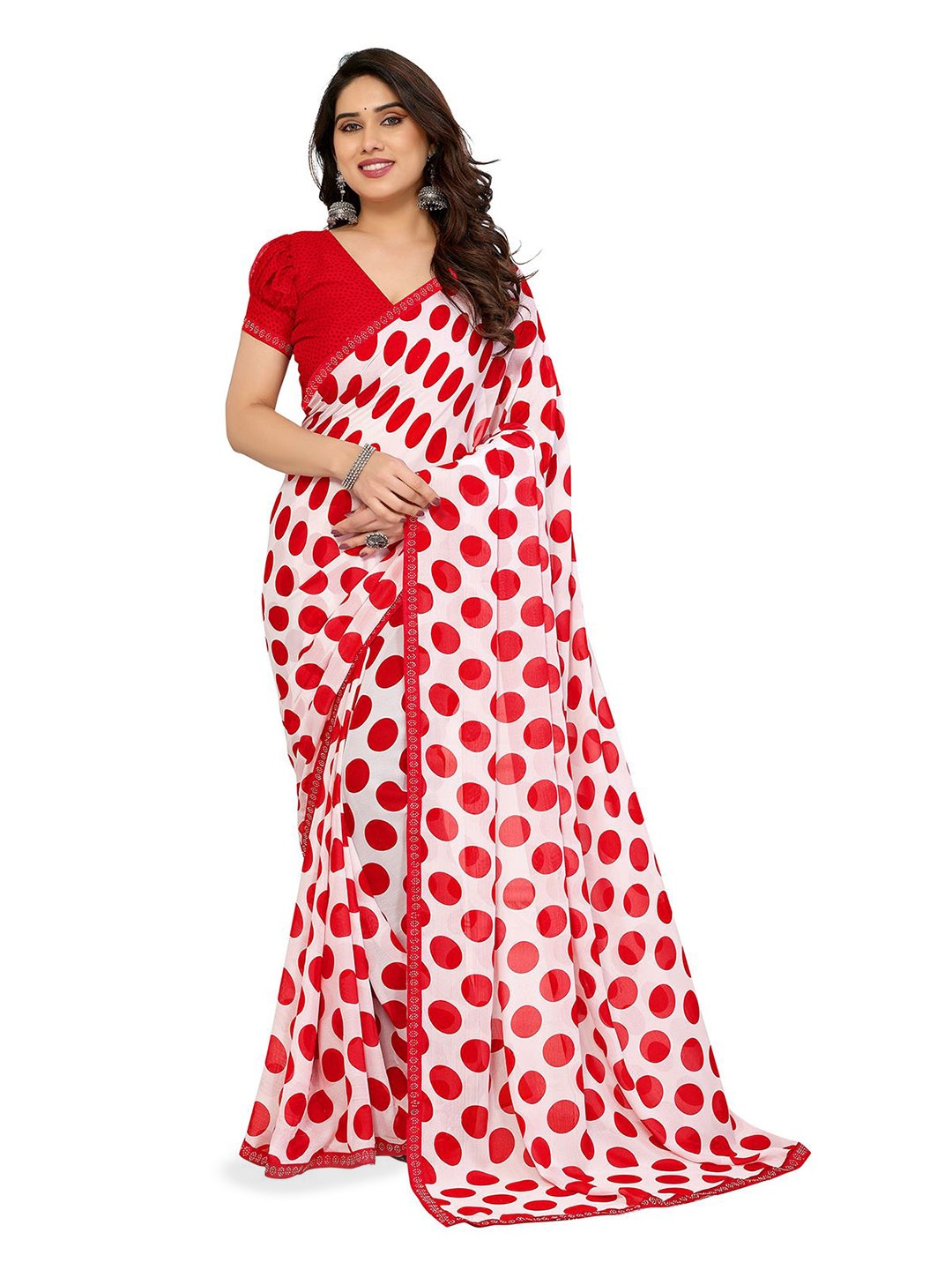 

Moda Rapido Polka Dot Printed Saree, Red