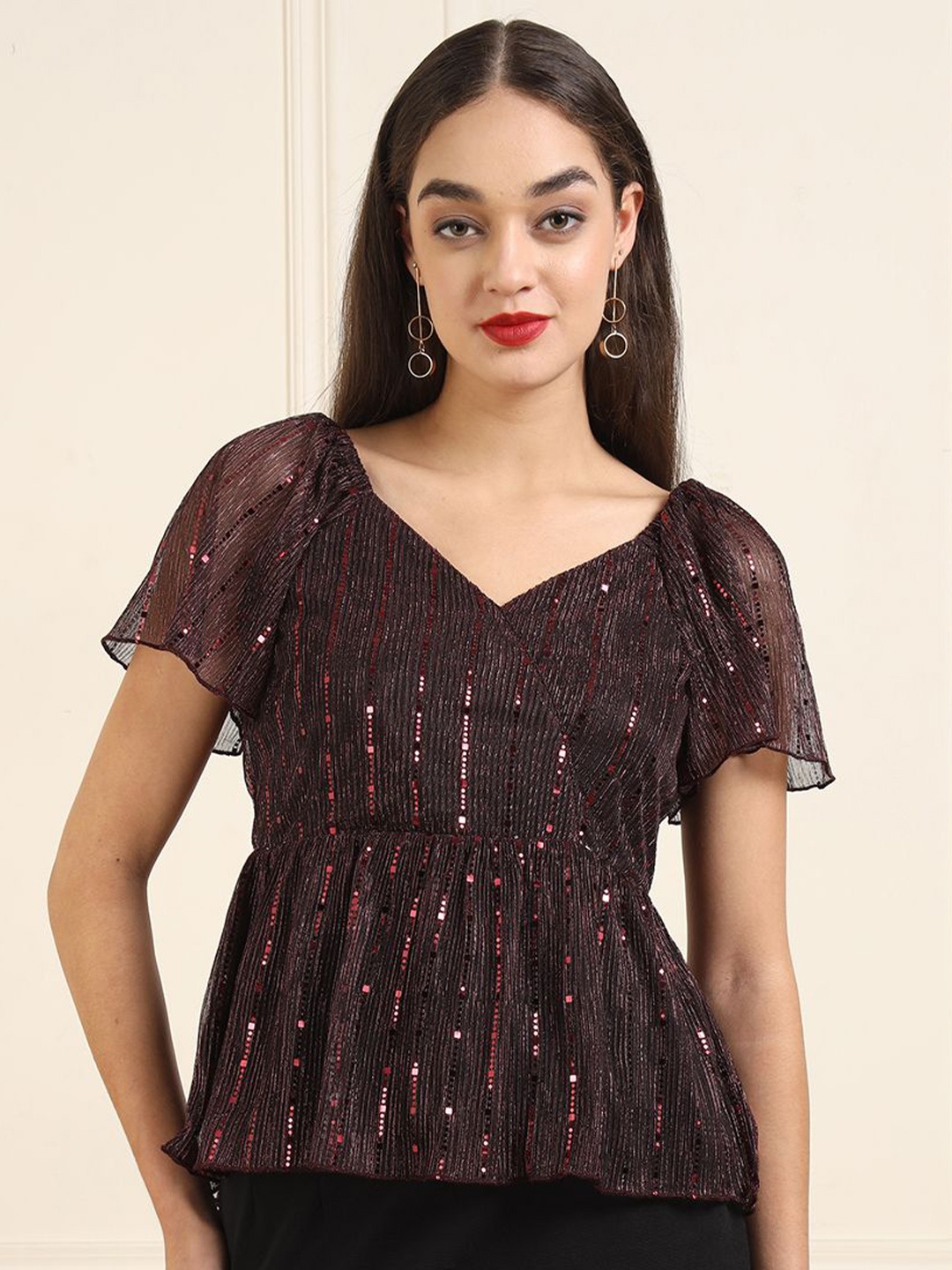 

Justin Whyte Embellished Chiffon Peplum Top, Burgundy