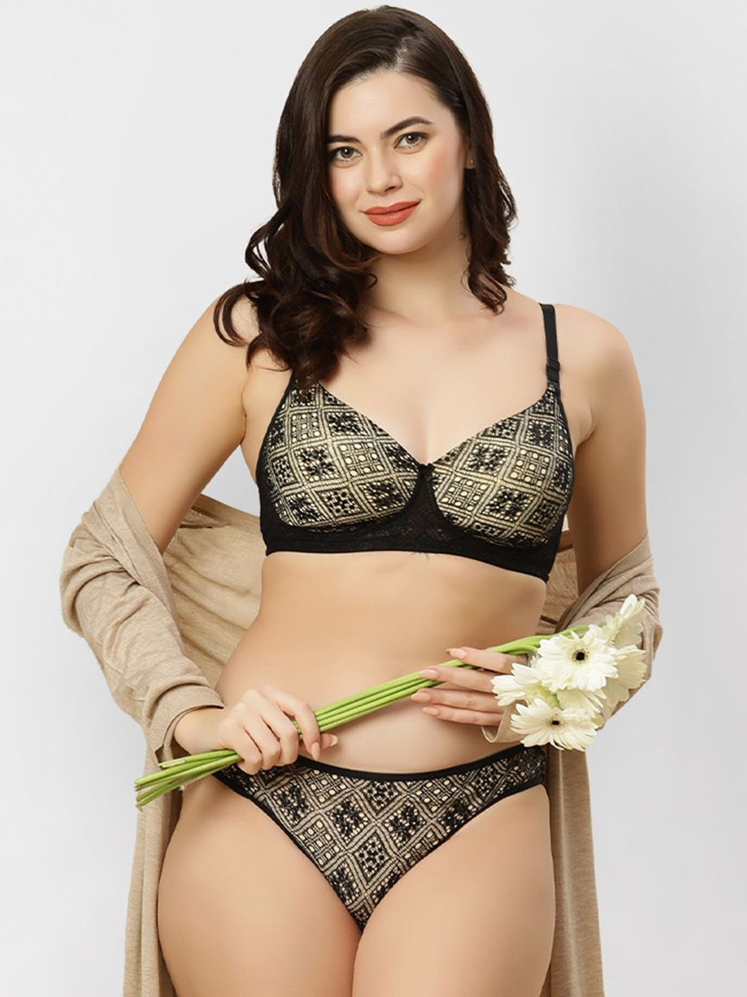 

happybra Printed Lightly Padded Cotton Lingerie Set Bridal01Black34B, Black