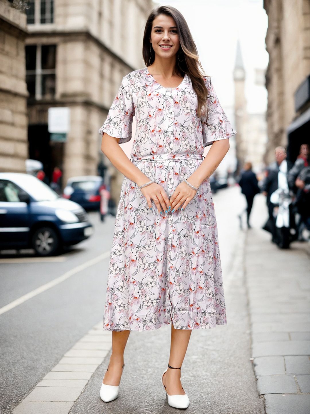 

Bucciato Private Limited Floral Print Fit & Flare Midi Dress, White