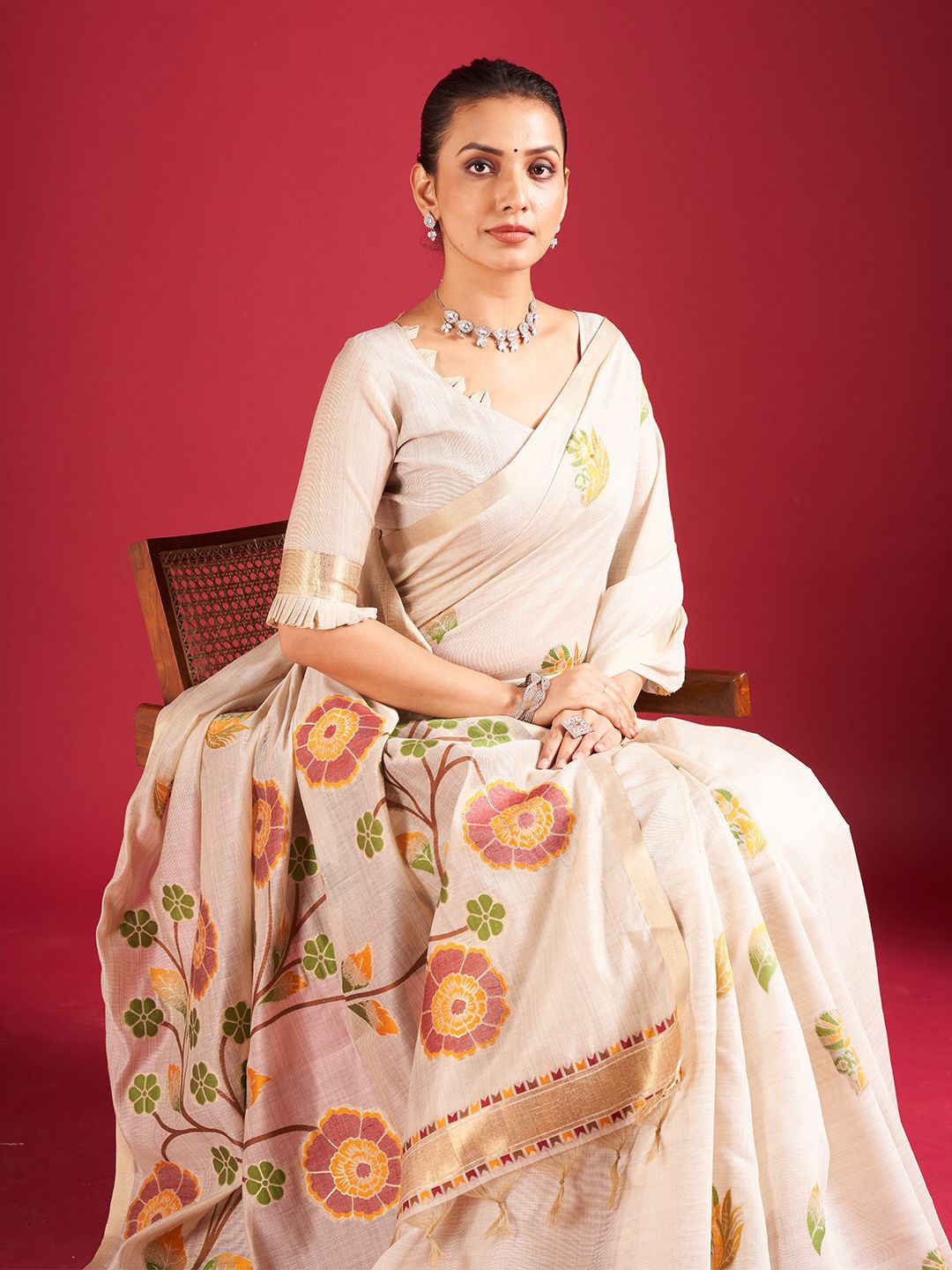 

SARHAFloral Zari Chanderi Saree, Yellow