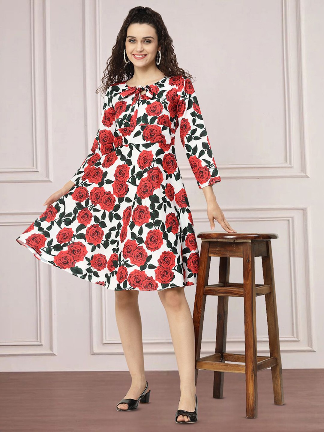 

Moda Rapido Floral Print Tie-Up Neck Applique Fit & Flare Dress, Multi