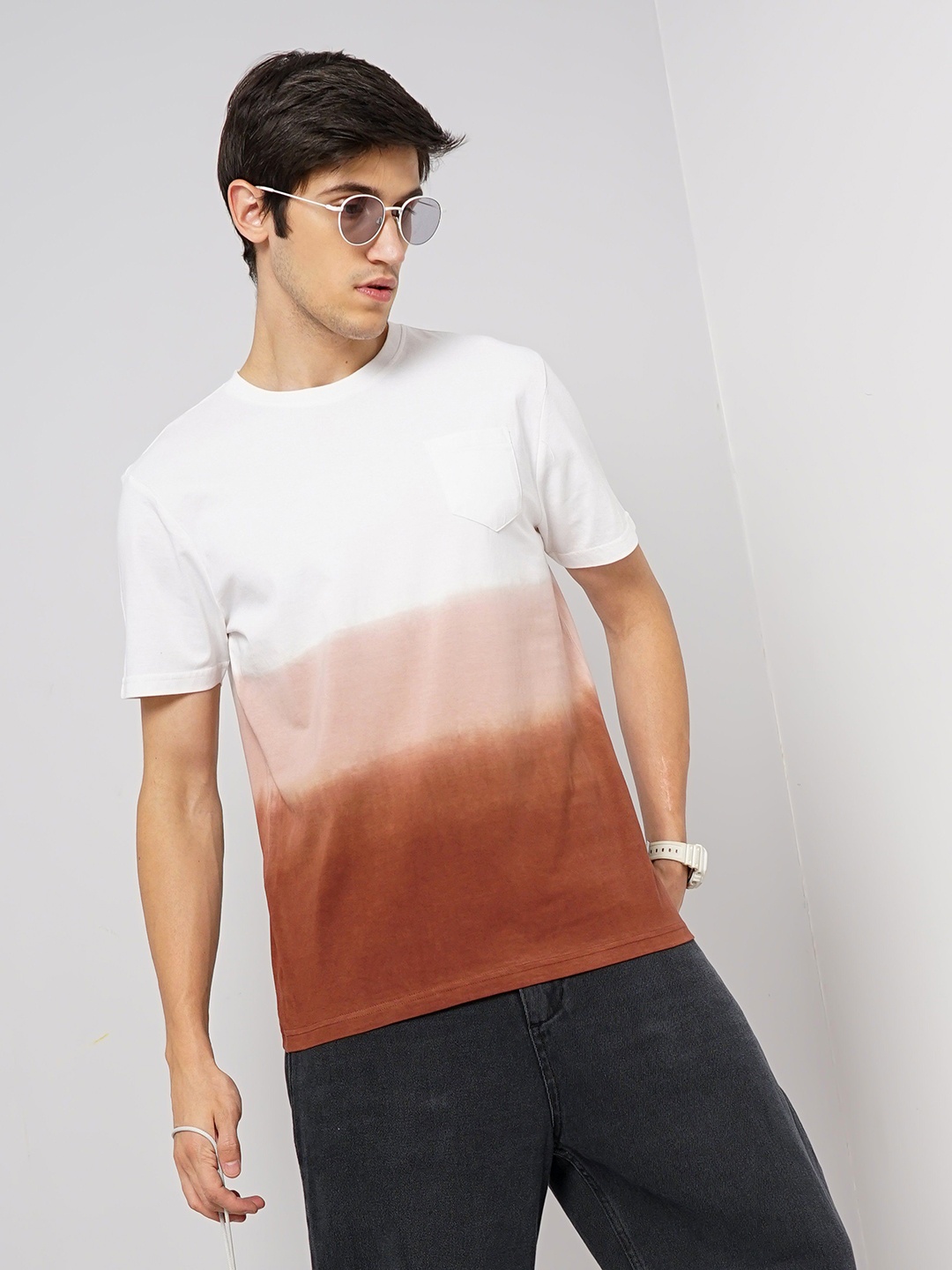 

Genoa Men Tie and Dye Dyed Pockets Slim Fit T-shirt, Brown
