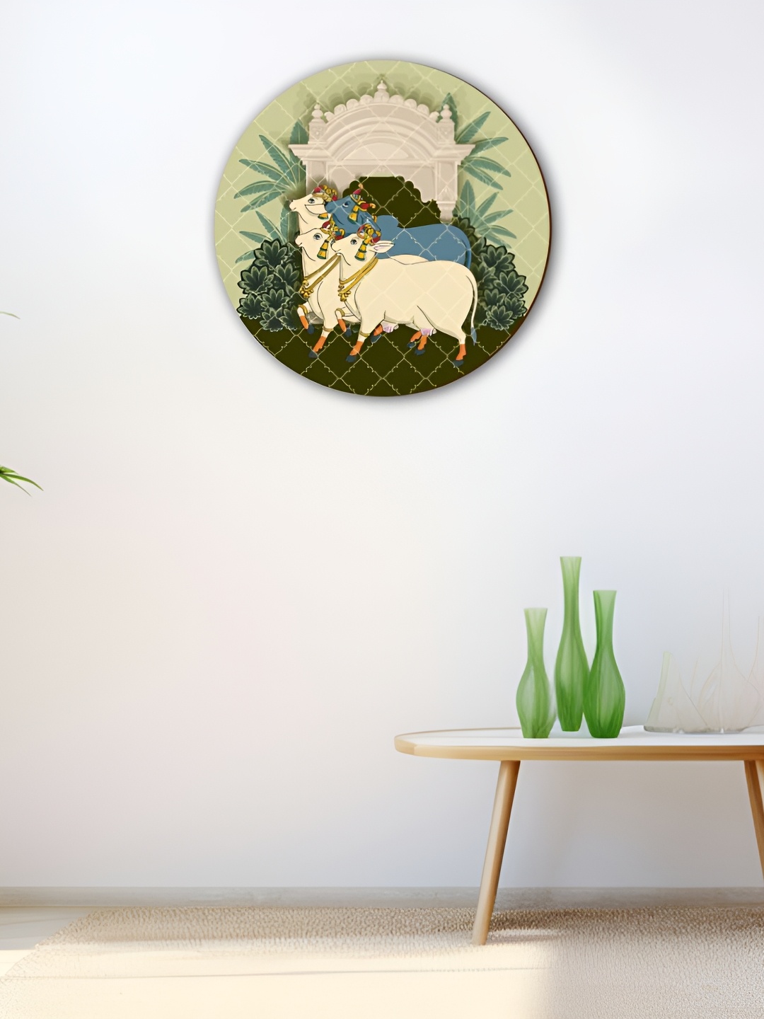 

CVANU Green & White Pichwai Cow Printed Wooden Round Shape Wall Hanging