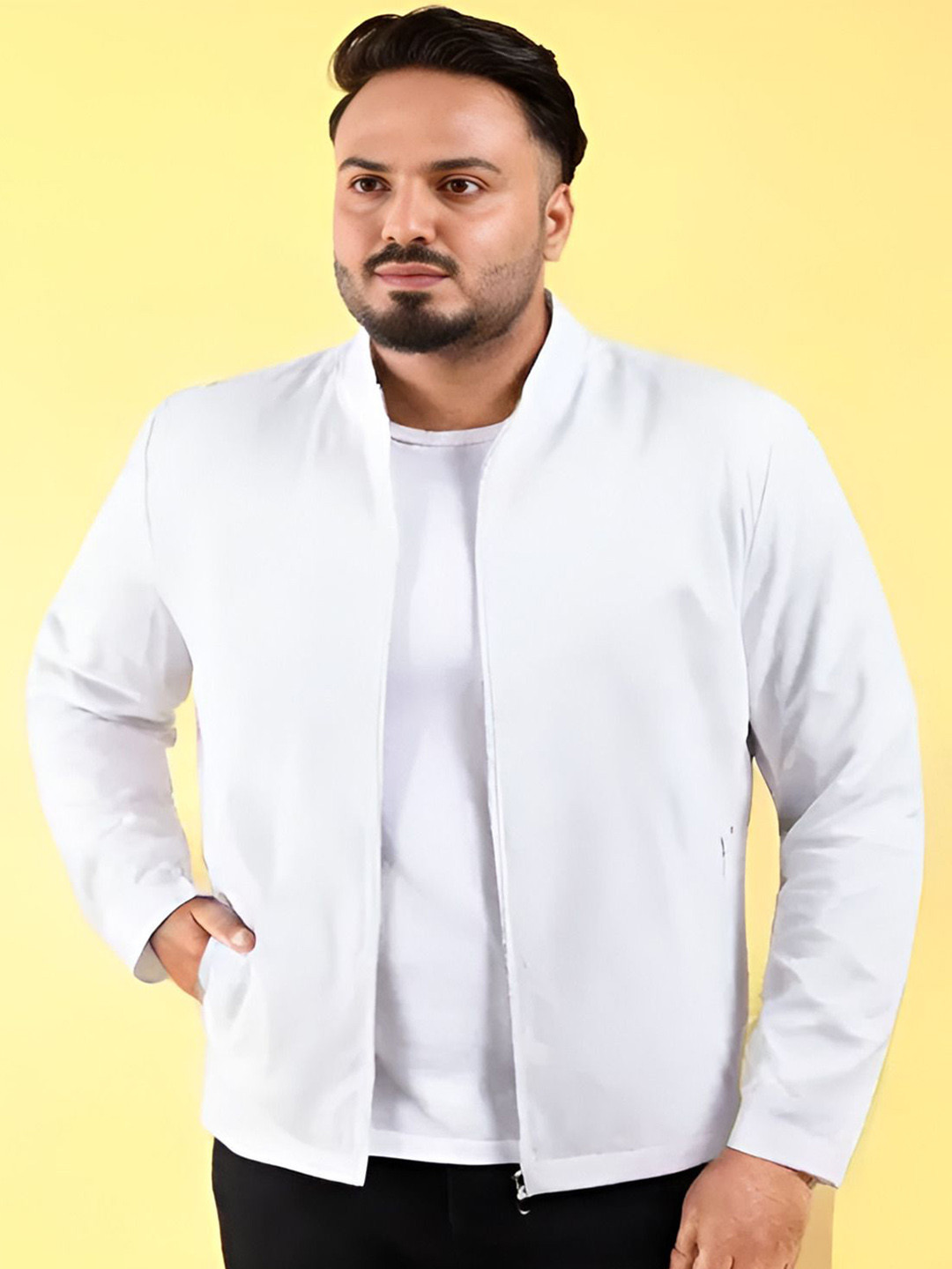 

MAYKR Men Geometric Striped Polyester Lightweight Bomber with Patchwork Jacket, White
