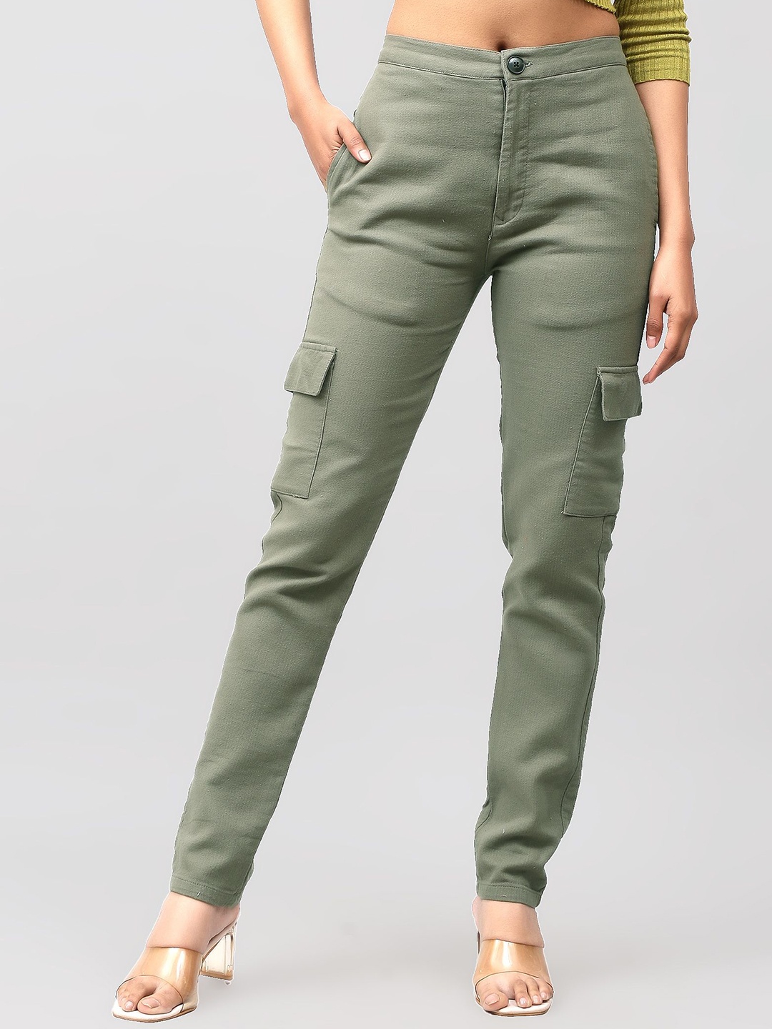 

BLUEBIRD Women Cotton Relaxed Slim Fit High-Rise Cargos Trousers, Green