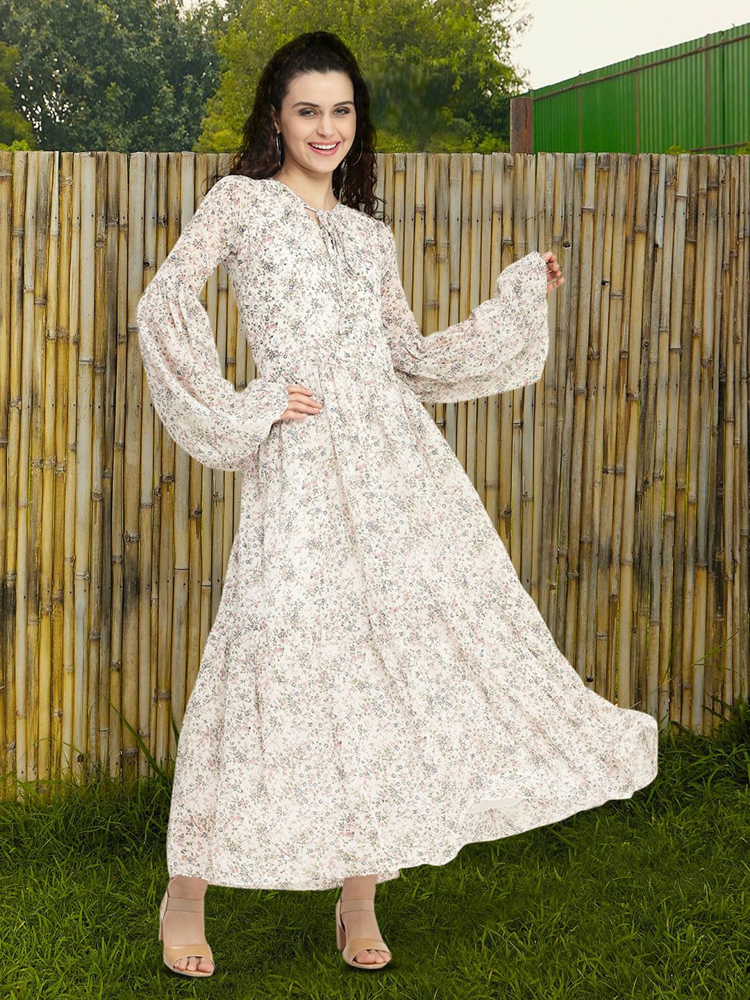 

Moda Rapido Floral Print Tie-Up Neck Applique Fit & Flare Dress, White