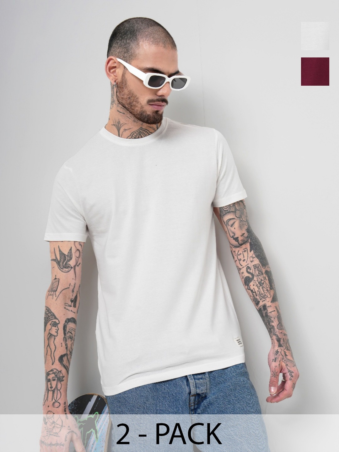 

Genoa Men Pack of 2 Solid Round Neck Cotton T-shirts, Off white