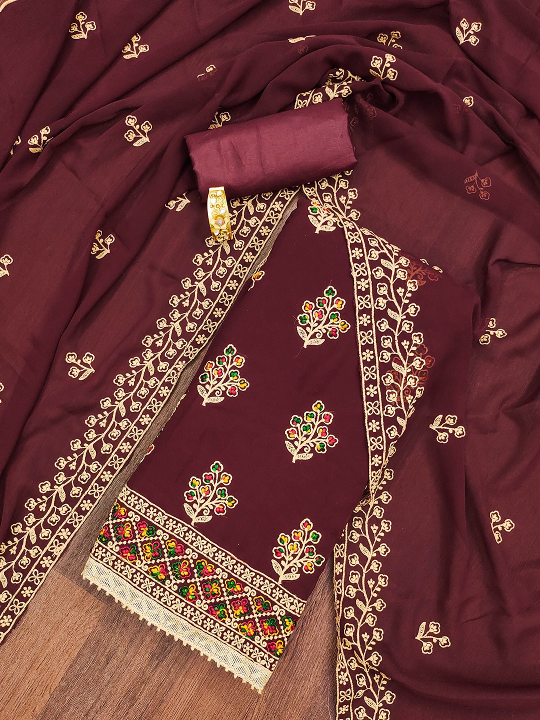 

SAINOOR Floral Embroidered Georgette Unstitched Dress Material, Maroon