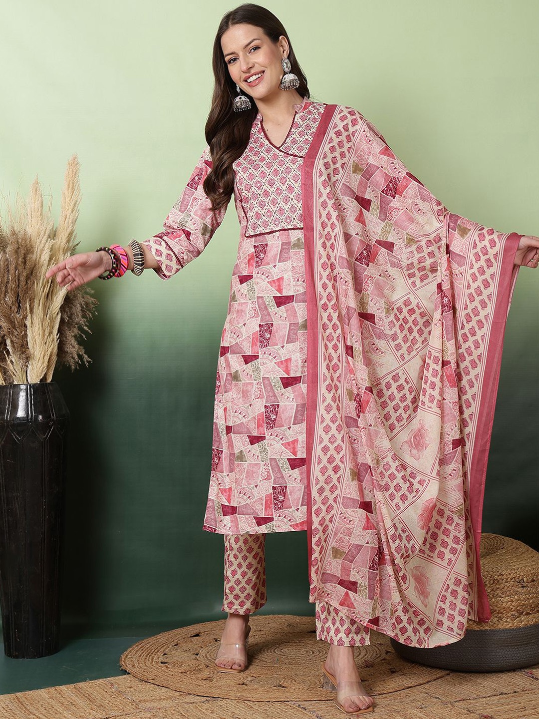 

Sangria Digital Printed V-neck Kurta With Trouser & Dupatta, Pink
