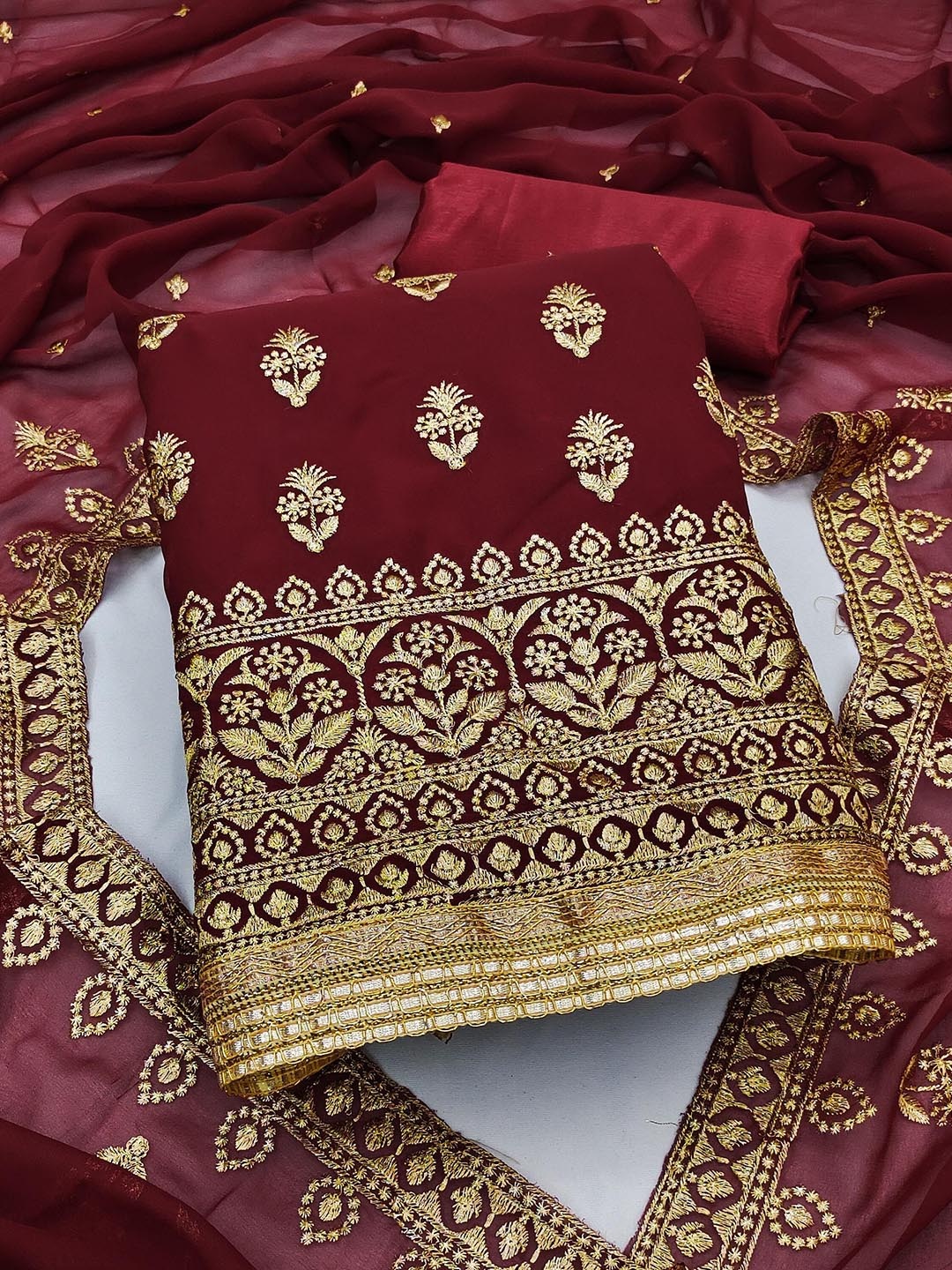 

SAINOOR Floral Embroidered Silk Georgette Semi-Stitched Dress Material, Maroon