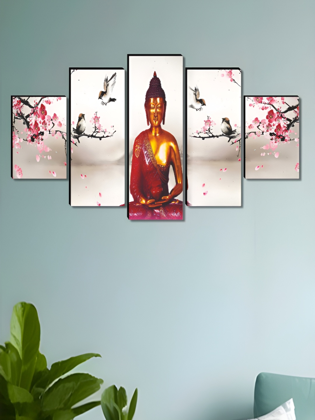 

Aura Red & White 5 Pieces Wooden Buddha Religious Wall Art, Beige