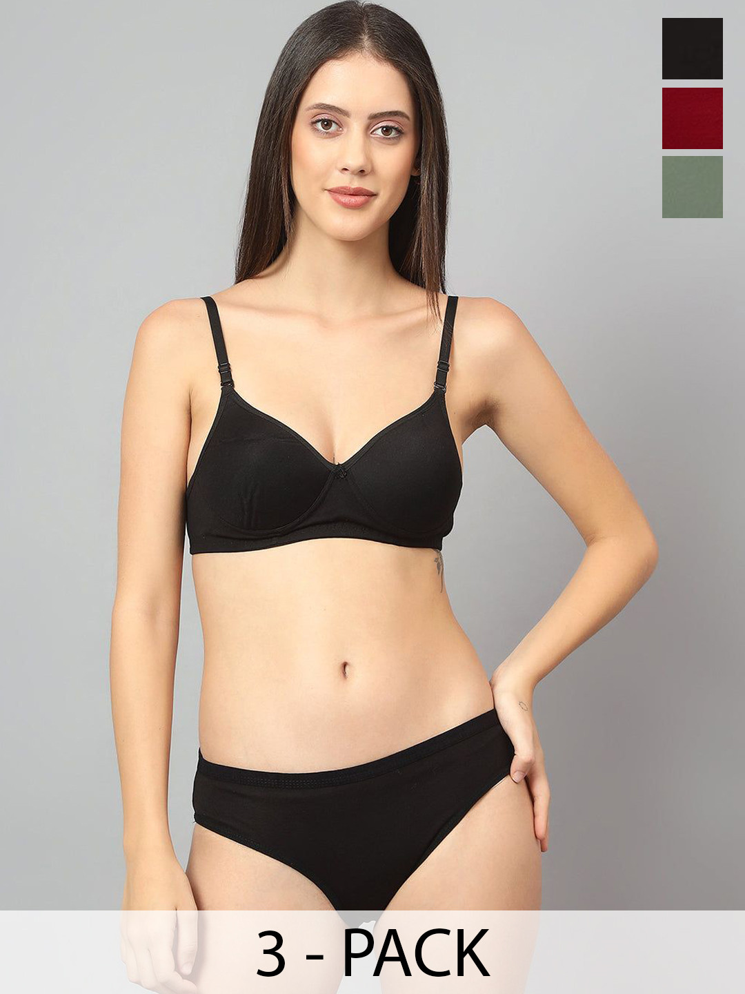 

Designer Bugs Pack Of 3 Cotton Non Padded Non Wired Lingerie Set NPLS-B-O-M-30B, Black