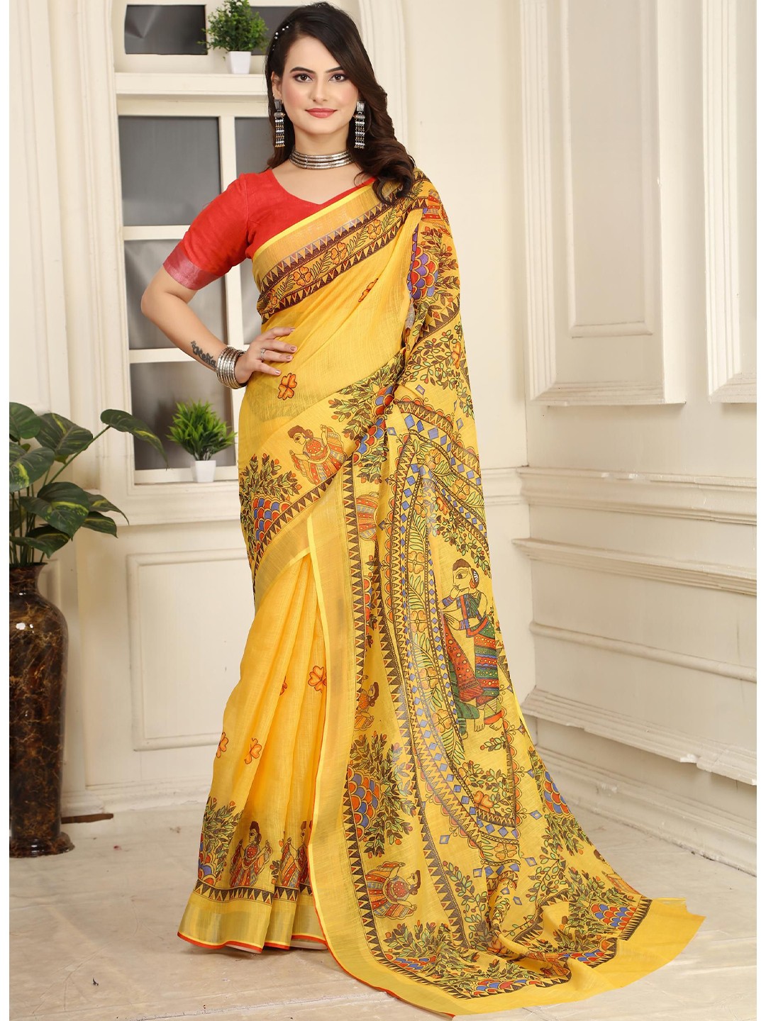 

KALINI Floral Linen Blend Khadi Saree, Yellow