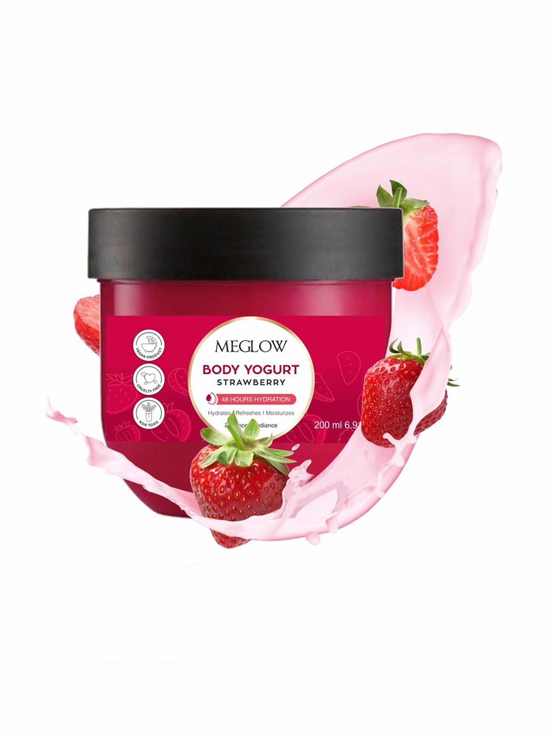 

MEGLOW Strawberry Yogurt 48Hrs Hydrating & Moisturizing Body Cream - 200 ml, Red