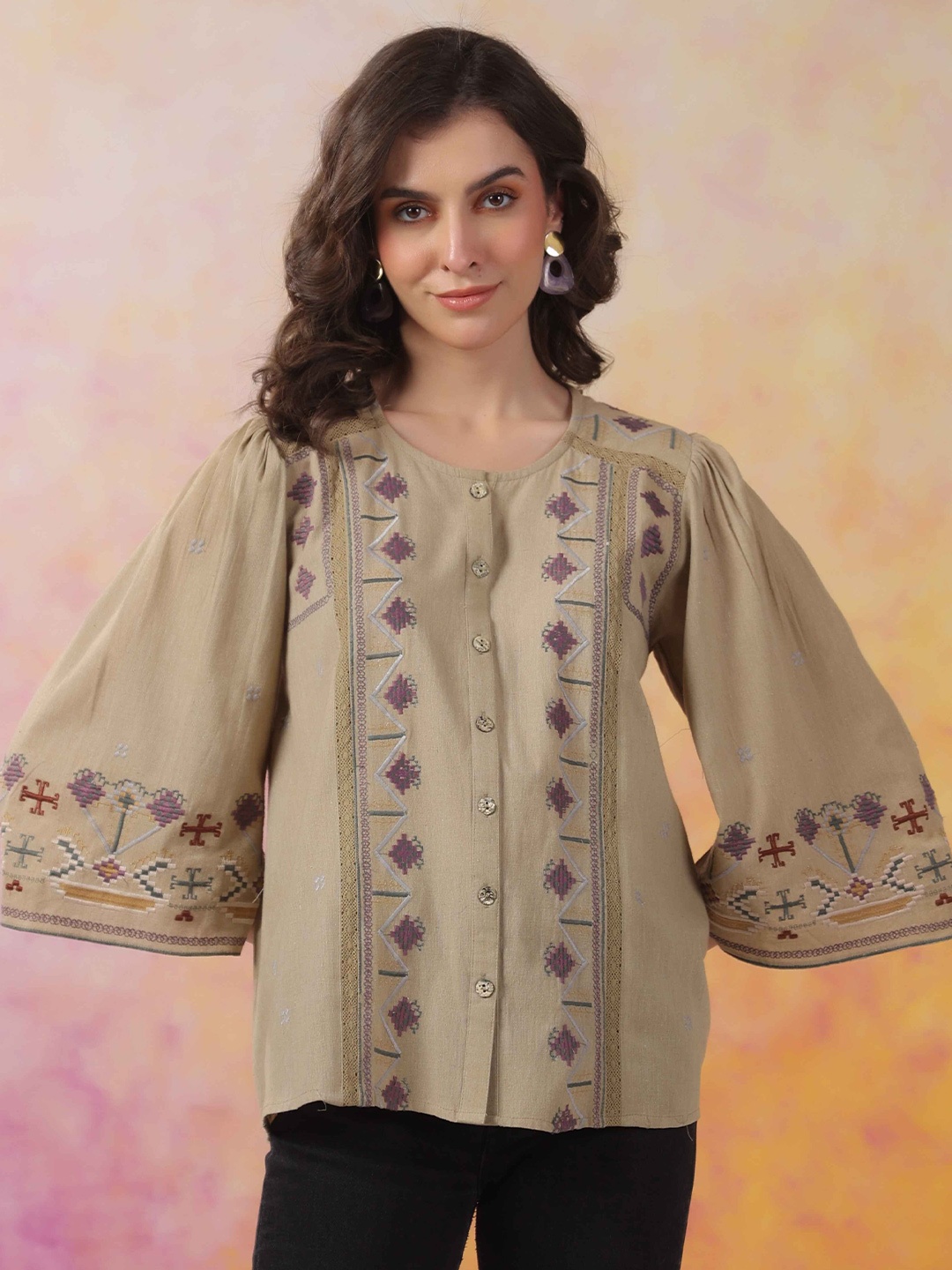 

Nyaro Women Khaki Color Cotton Linen Blend Fabric with Embroidery & Lace Top