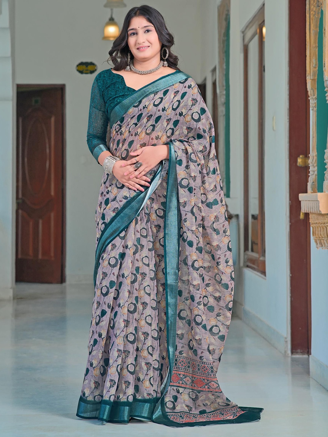 

KALINI Floral Printed With Woven Design Zari Border Khadi Saree, Teal