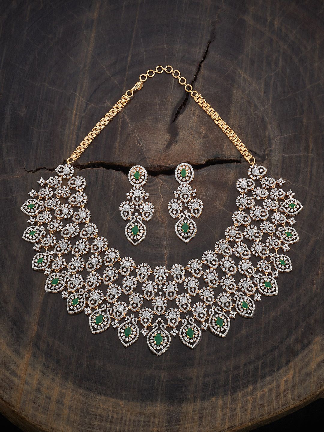 

Kushal's Fashion Jewellery Green Rhodium Gold-Plated Party Zircon Jewellery Set