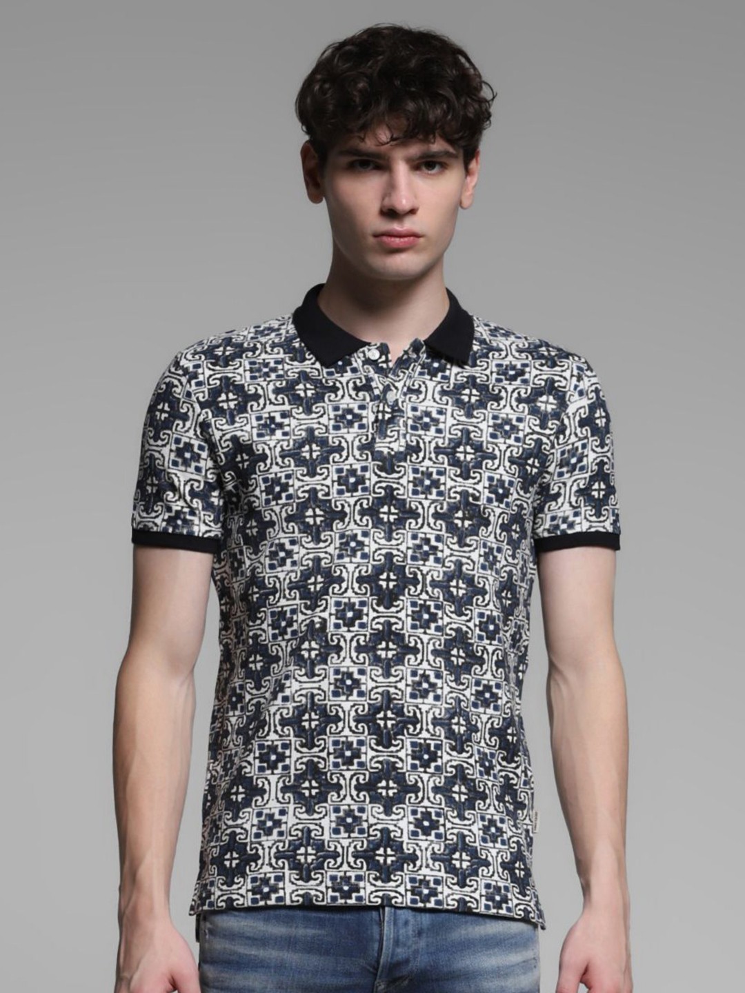 

Jack & Jones Men Printed Polo Collar Pockets T-shirt, Blue