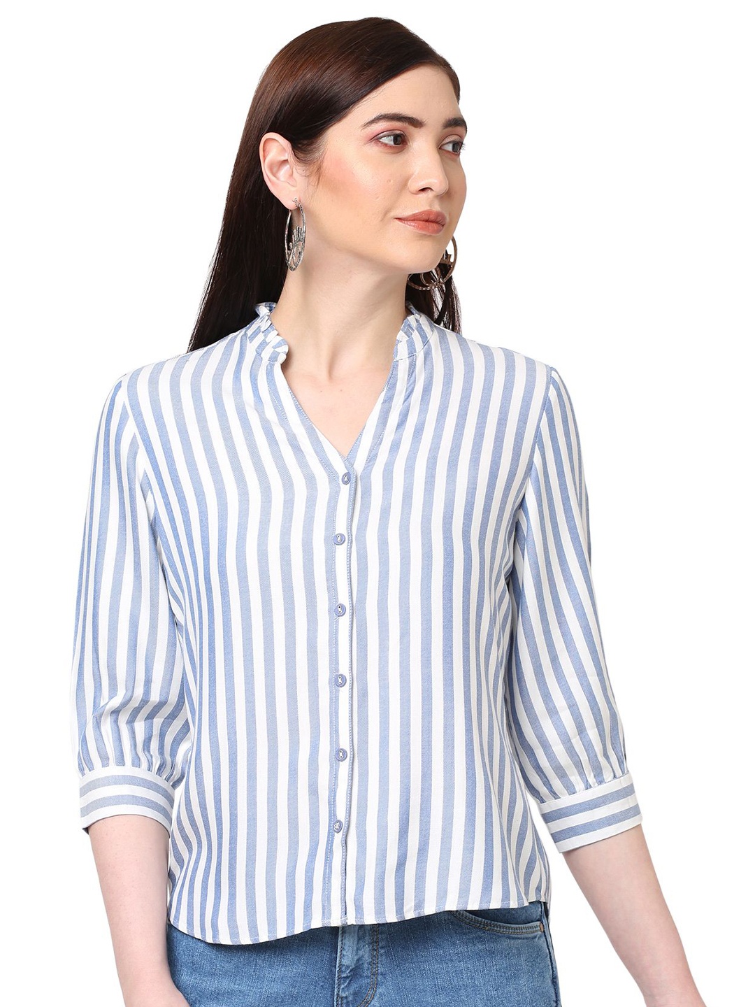 

Kraus Jeans Women Slim Fit Opaque Striped Casual Shirt, Blue